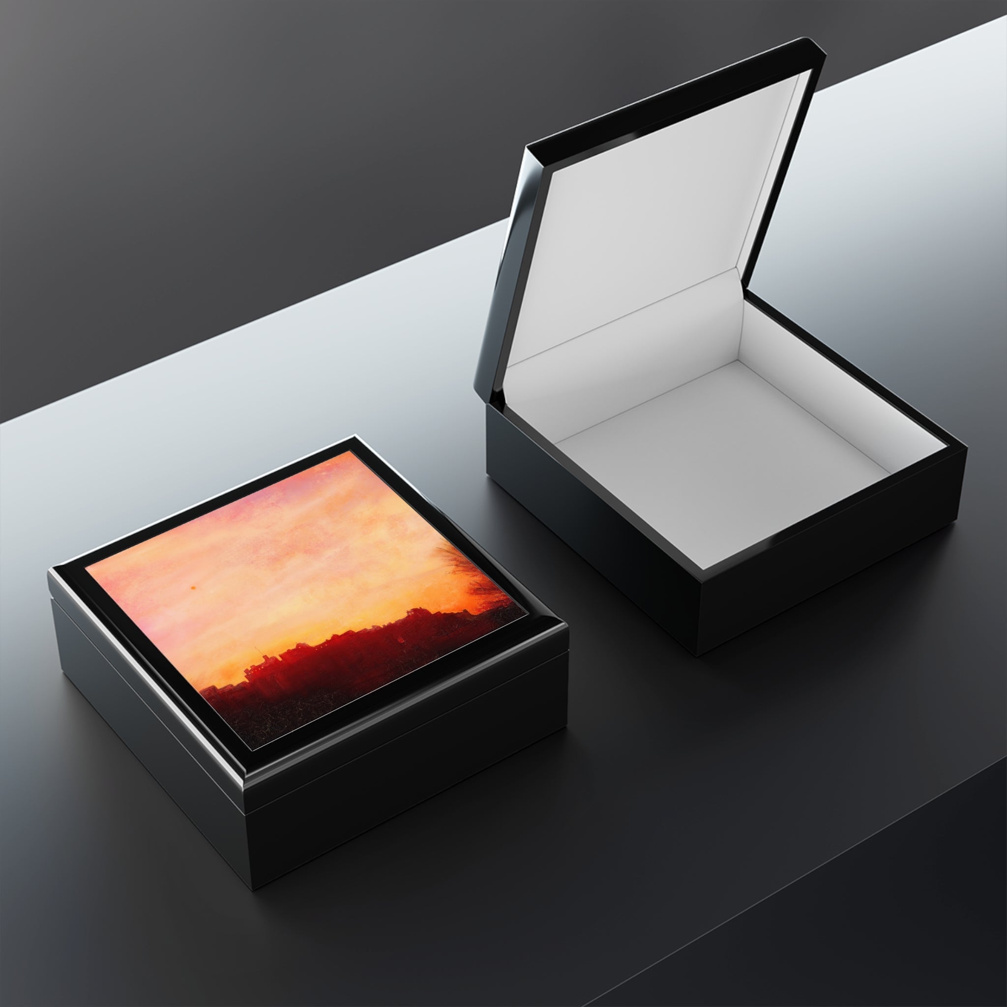 Edinburgh Castle sunset glossy black jewellery keepsake box