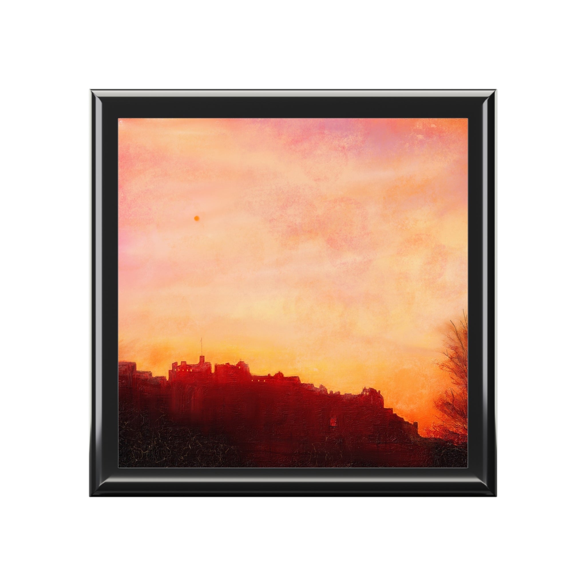 Edinburgh Castle sunset black-framed square jewelry box tray with vibrant orange pink cityscape