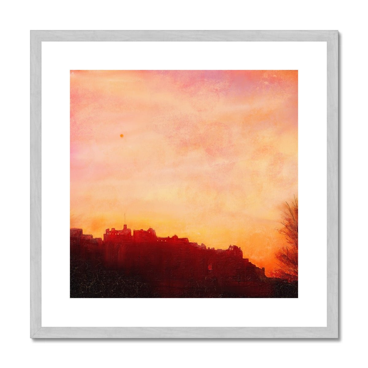Edinburgh Castle Sunset Painting | Antique Framed & Mounted Prints From Scotland-Antique Framed & Mounted Prints-Historic & Iconic Scotland Art Gallery-20"x20"-Silver Frame-Paintings, Prints, Homeware, Art Gifts From Scotland By Scottish Artist Kevin Hunter