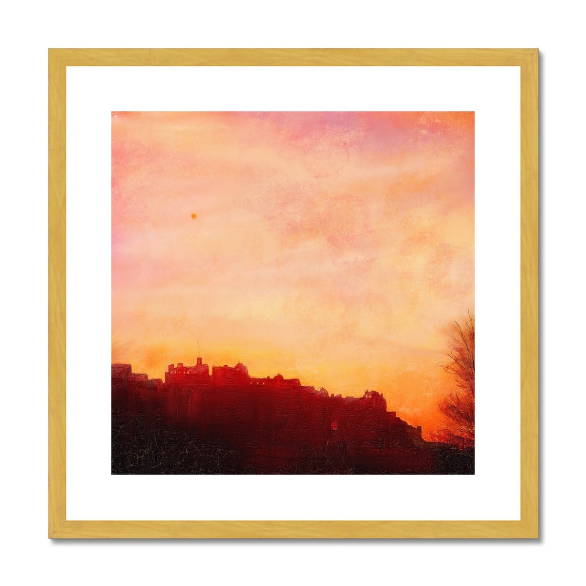 Edinburgh Castle Sunset Painting | Antique Framed & Mounted Prints From Scotland-Antique Framed & Mounted Prints-Historic & Iconic Scotland Art Gallery-20"x20"-Gold Frame-Paintings, Prints, Homeware, Art Gifts From Scotland By Scottish Artist Kevin Hunter