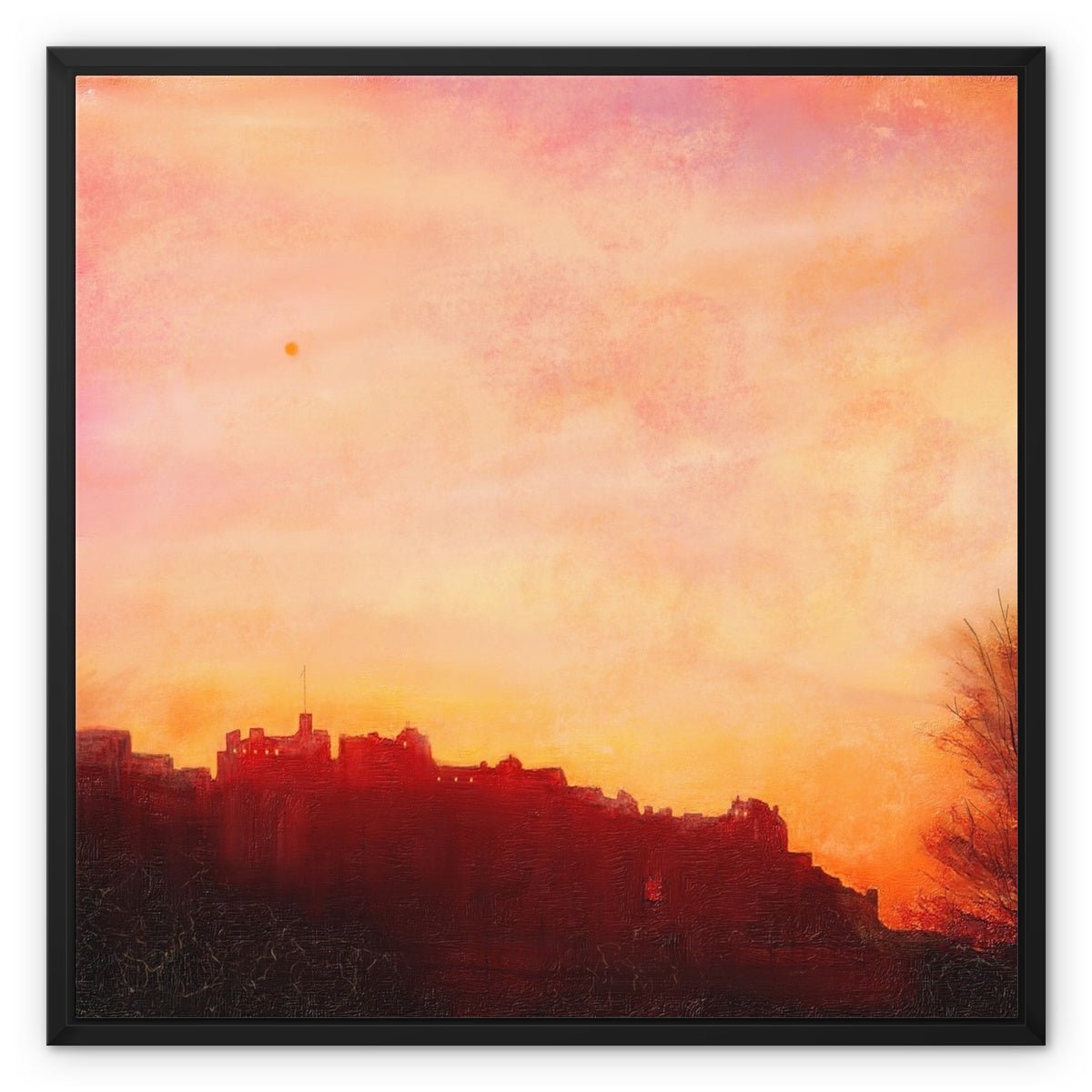 Edinburgh Castle Sunset Painting | Framed Canvas From Scotland-Floating Framed Canvas Prints-Edinburgh & Glasgow Art Gallery-24"x24"-Black Frame-Paintings, Prints, Homeware, Art Gifts From Scotland By Scottish Artist Kevin Hunter