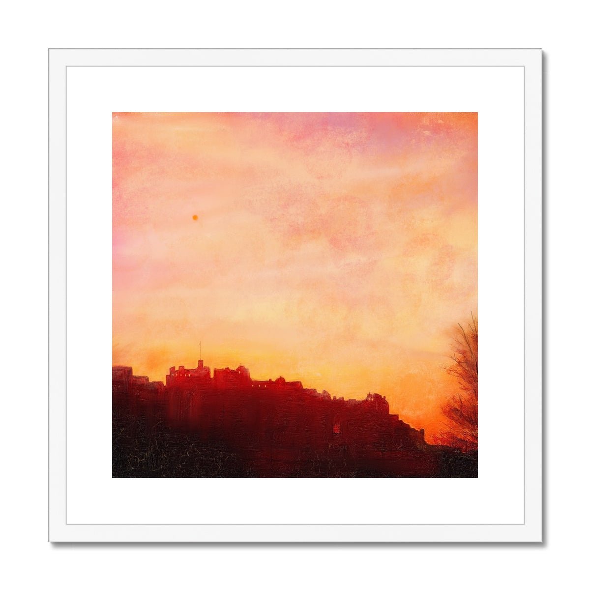 Edinburgh Castle Sunset Painting | Framed & Mounted Prints From Scotland-Framed & Mounted Prints-Edinburgh & Glasgow Art Gallery-20"x20"-White Frame-Paintings, Prints, Homeware, Art Gifts From Scotland By Scottish Artist Kevin Hunter