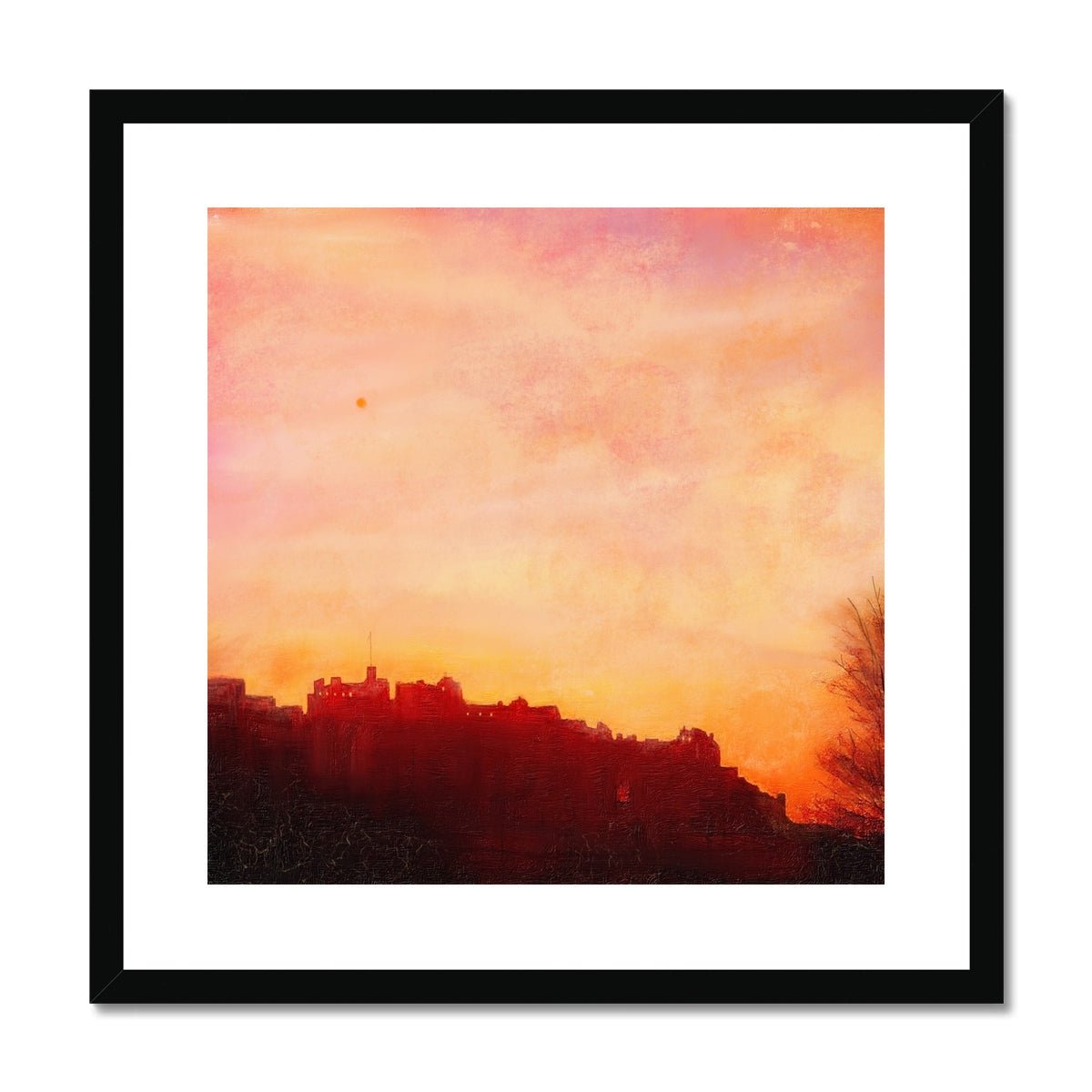 Edinburgh Castle Sunset Painting | Framed & Mounted Prints From Scotland-Framed & Mounted Prints-Edinburgh & Glasgow Art Gallery-20"x20"-Black Frame-Paintings, Prints, Homeware, Art Gifts From Scotland By Scottish Artist Kevin Hunter