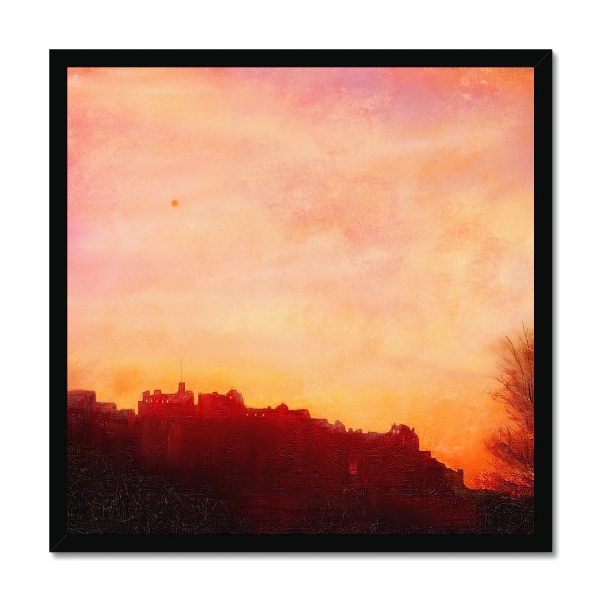 Edinburgh Castle Sunset Painting | Framed Prints From Scotland-Framed Prints-Historic & Iconic Scotland Art Gallery-20"x20"-Black Frame-Paintings, Prints, Homeware, Art Gifts From Scotland By Scottish Artist Kevin Hunter