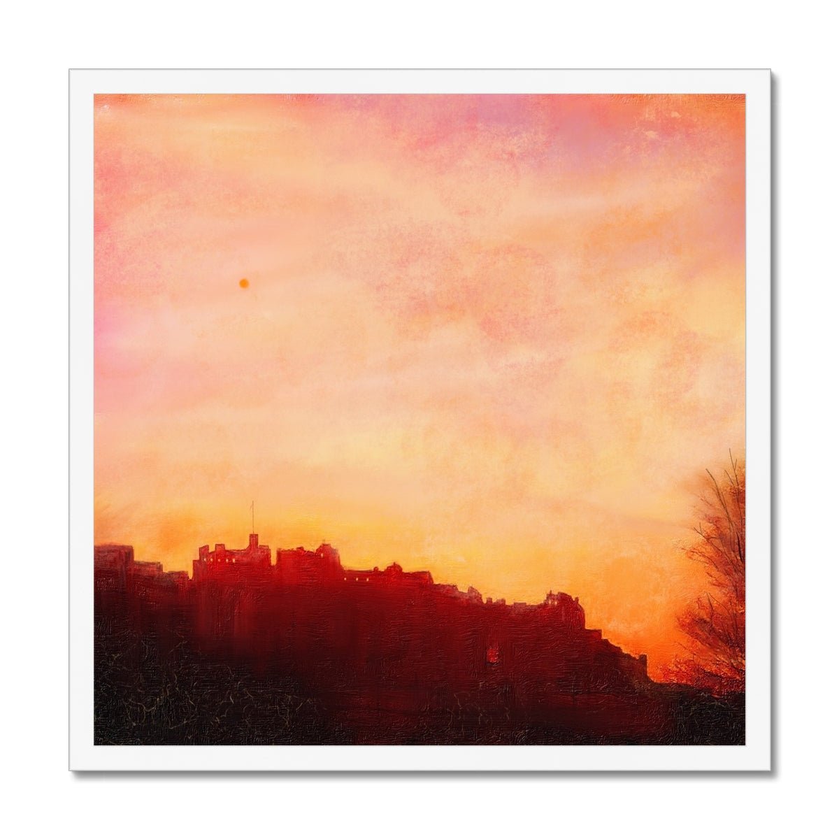 Edinburgh Castle Sunset Painting | Framed Prints From Scotland-Framed Prints-Historic & Iconic Scotland Art Gallery-20"x20"-White Frame-Paintings, Prints, Homeware, Art Gifts From Scotland By Scottish Artist Kevin Hunter