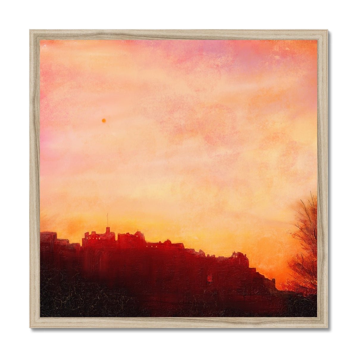 Edinburgh Castle Sunset Painting | Framed Prints From Scotland-Framed Prints-Edinburgh & Glasgow Art Gallery-20"x20"-Natural Frame-Paintings, Prints, Homeware, Art Gifts From Scotland By Scottish Artist Kevin Hunter
