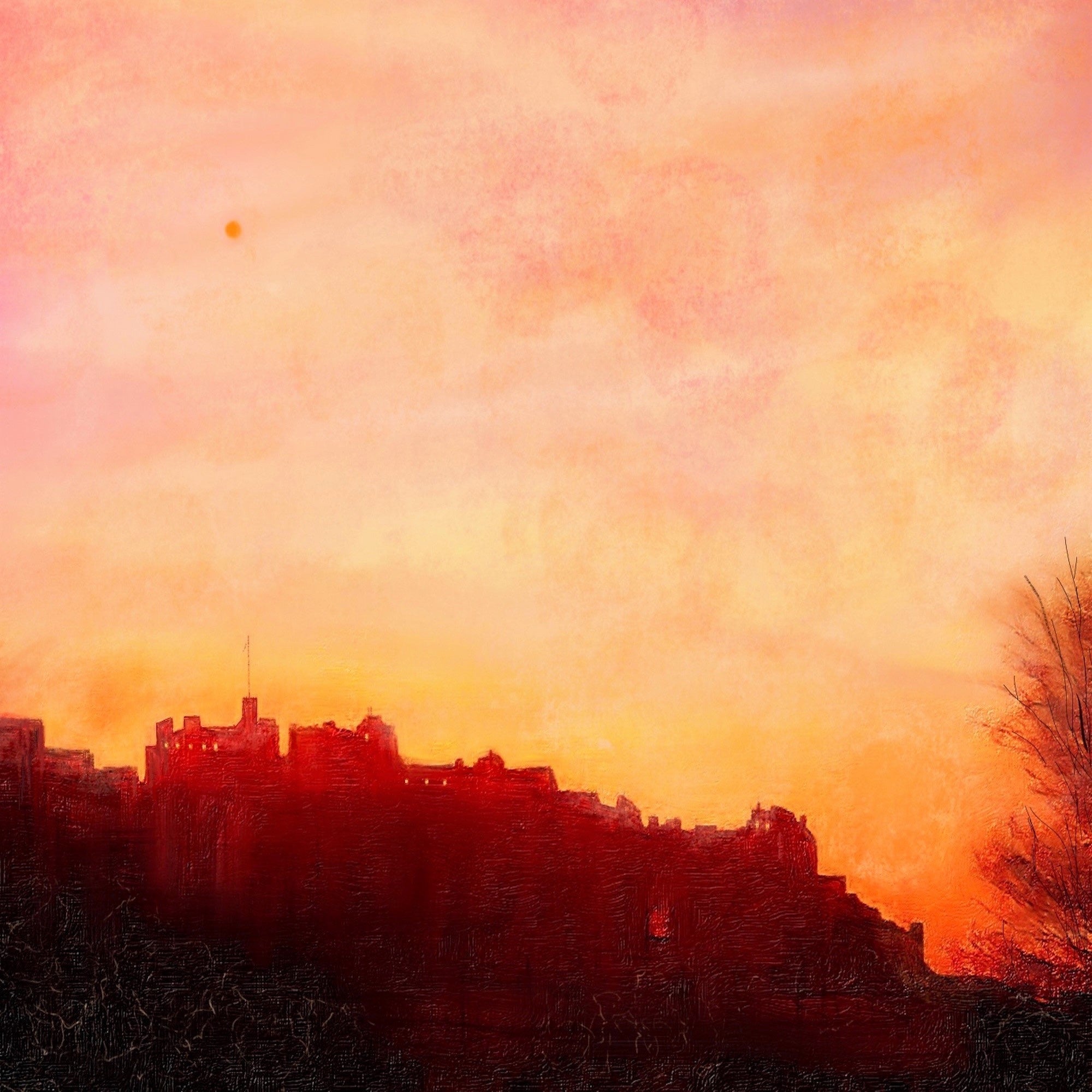 Watercolor painting of Edinburgh Castle silhouette at sunset in orange and pink hues