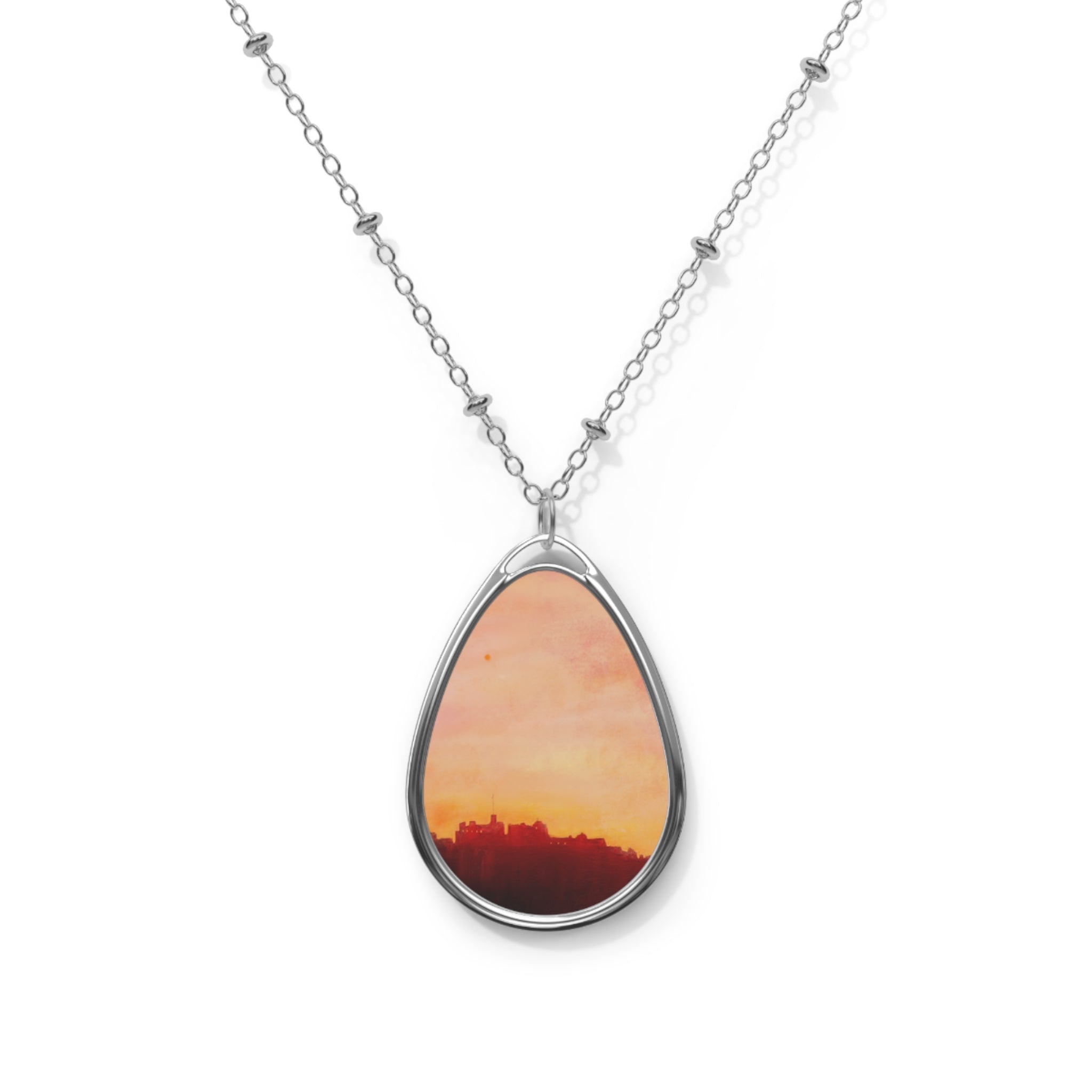 Silver teardrop pendant necklace with Edinburgh Castle sunset skyline