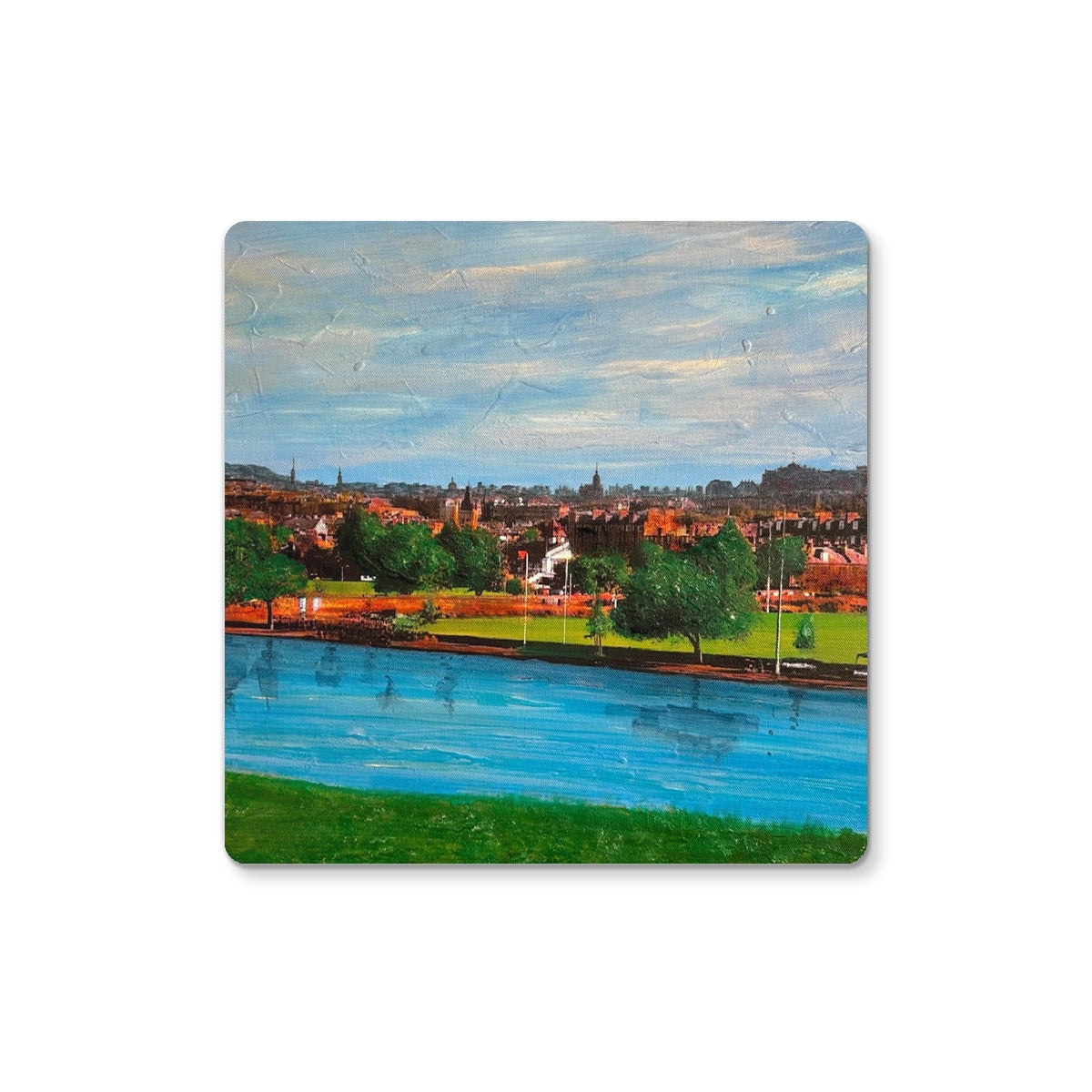Square Edinburgh From Inverleith coaster with textured cityscape, blue water, green grass, cloudy sky