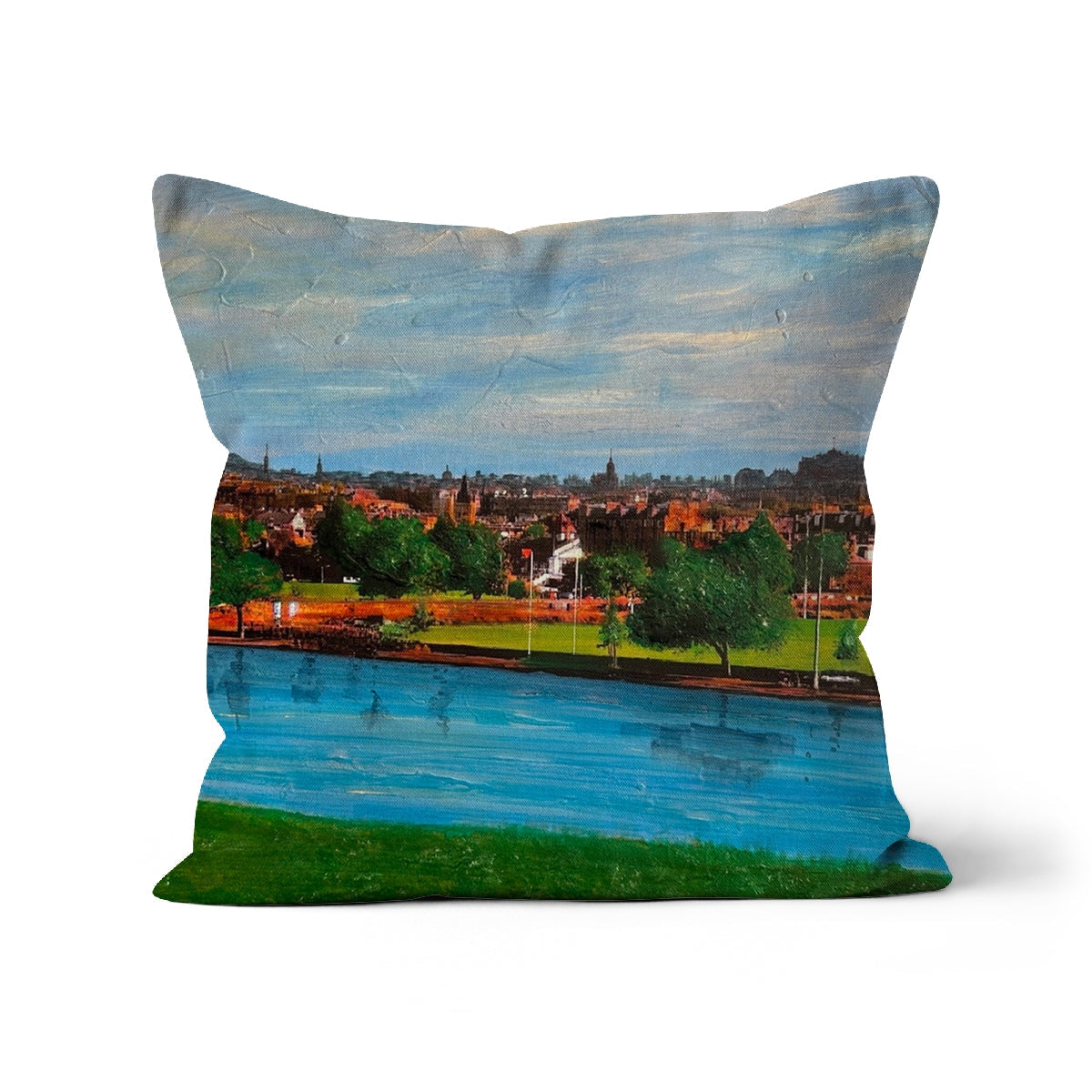 Edinburgh From Inverleith square cushion with impressionistic riverside town painting