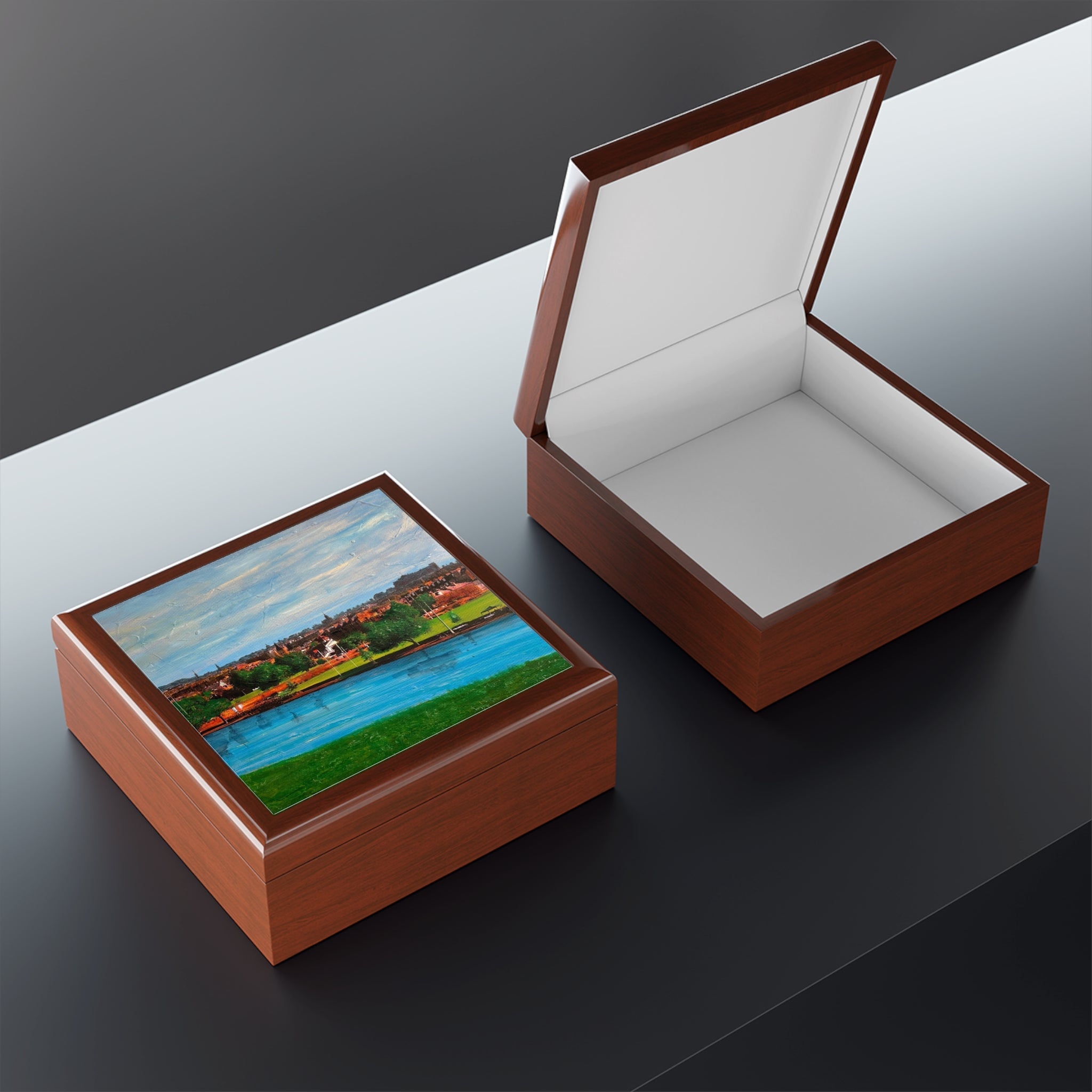 Brown wooden Edinburgh From Inverleith jewelry box with river landscape lid