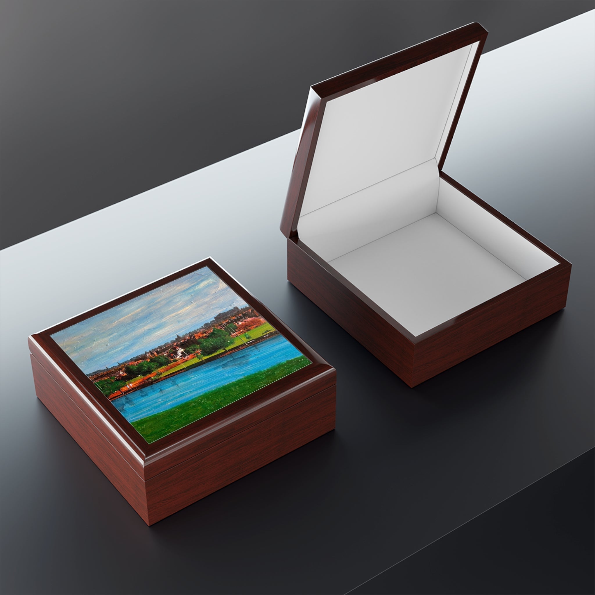 Edinburgh From Inverleith brown wooden jewelry box with glossy river landscape lid