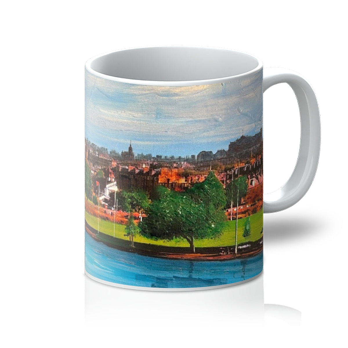 White ceramic Edinburgh From Inverleith mug with vibrant skyline painting