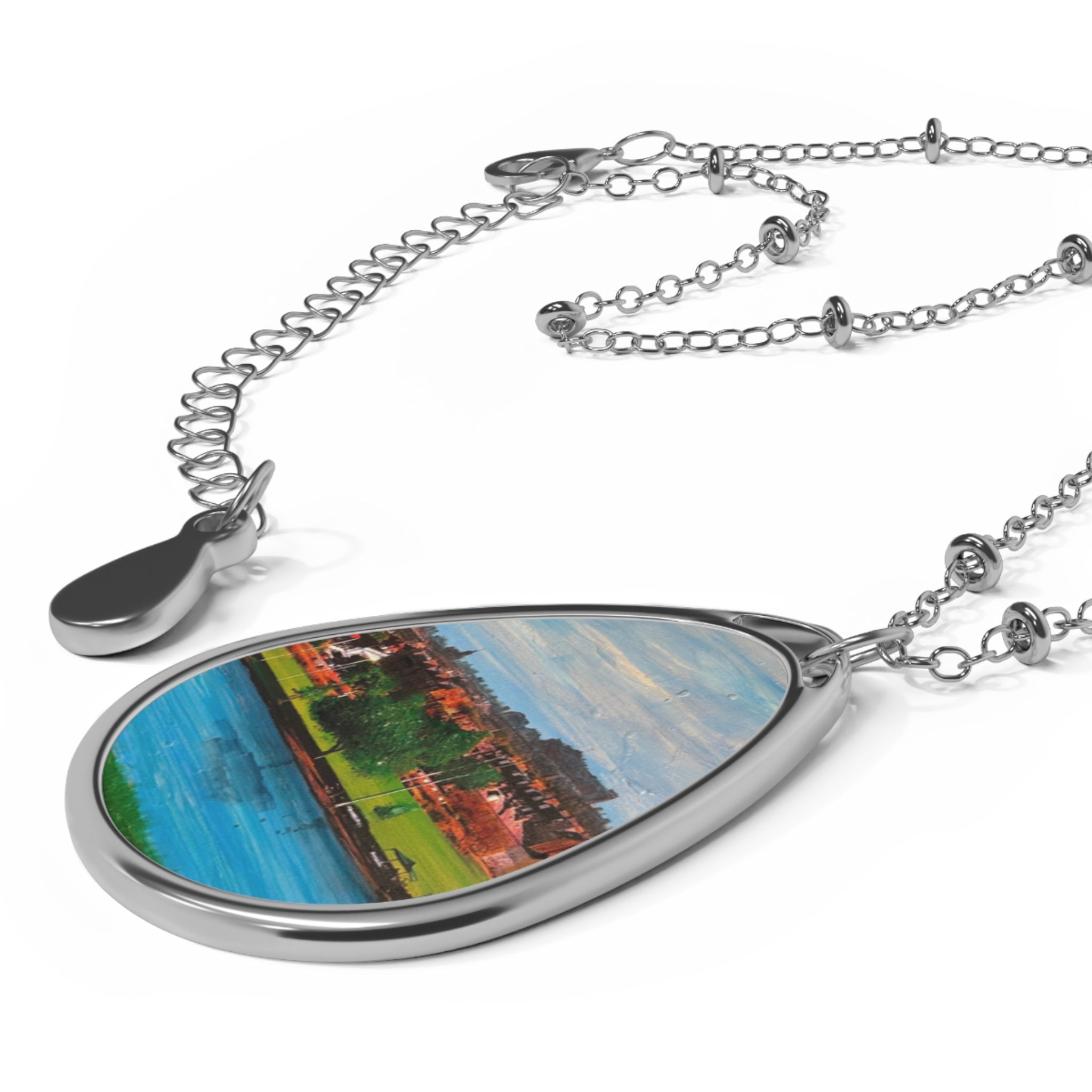 Silver teardrop pendant necklace with Edinburgh from Inverleith landscape