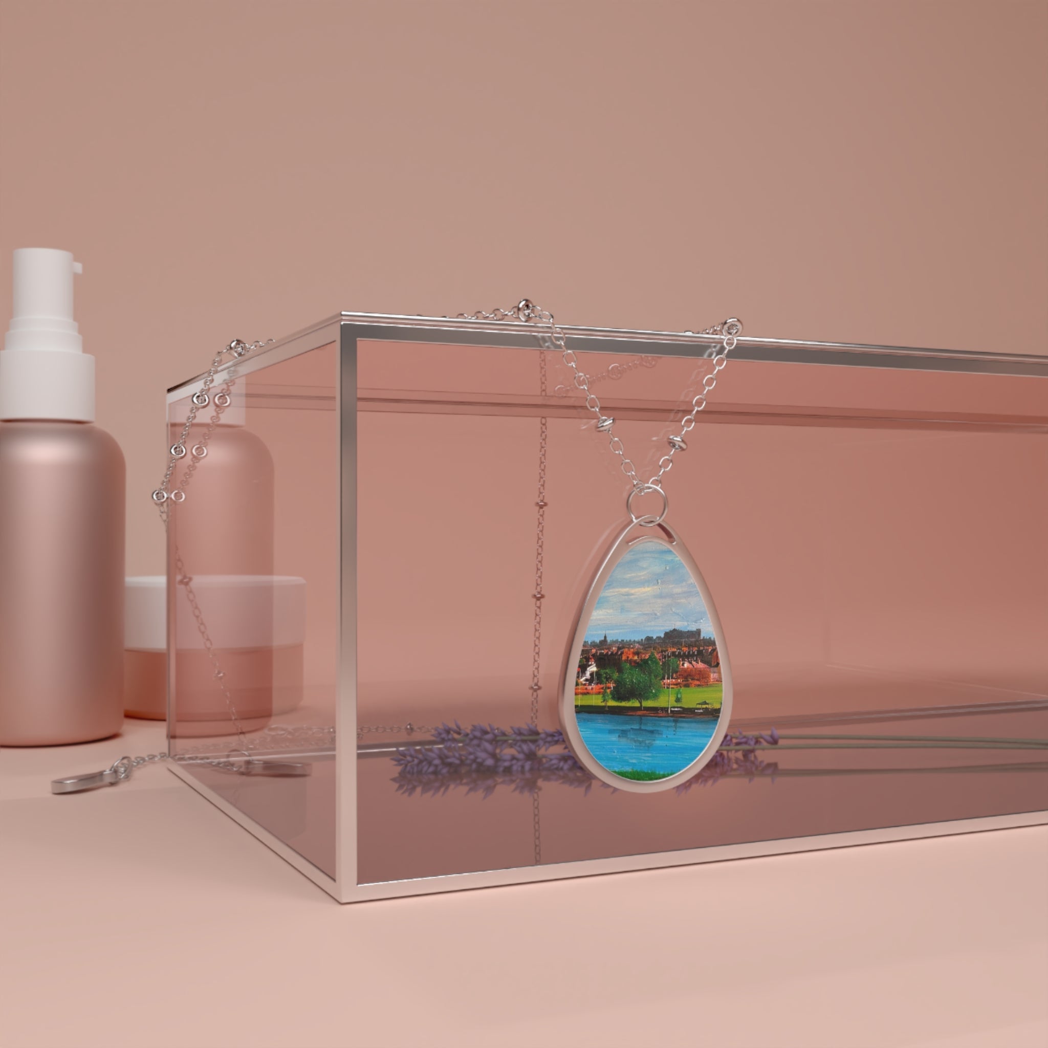 Silver teardrop pendant necklace with Edinburgh from Inverleith landscape painting