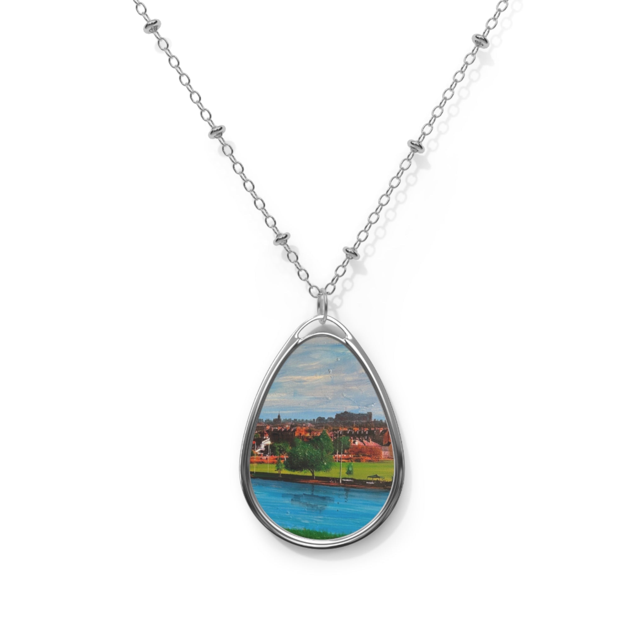 Silver teardrop pendant necklace with Edinburgh landscape in Scottish art jewelry