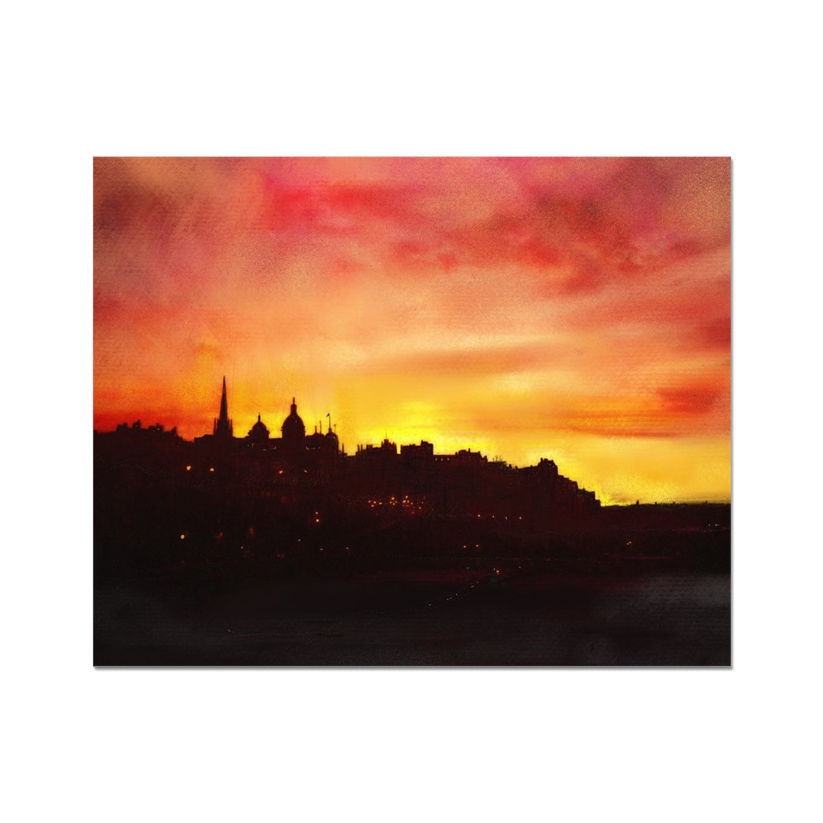 Vivid sunset painting of Edinburgh skyline silhouette in Edinburgh Sunset Artist Proof Collector Print