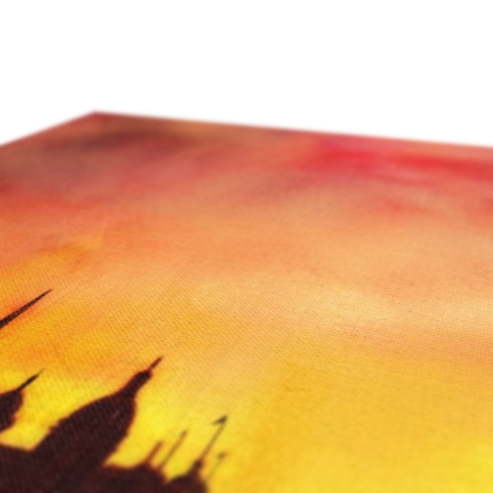 Vibrant watercolor Edinburgh Sunset Canvas depicting a colorful cityscape at dusk