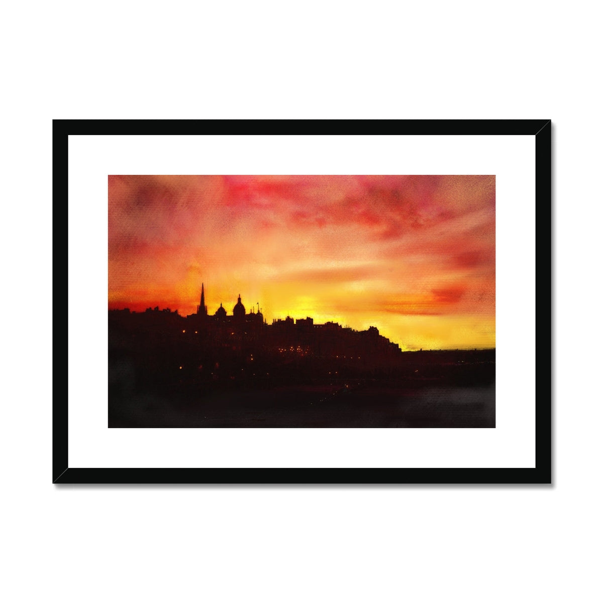 Framed watercolor painting of Edinburgh city silhouette at sunset for Edinburgh Sunset print