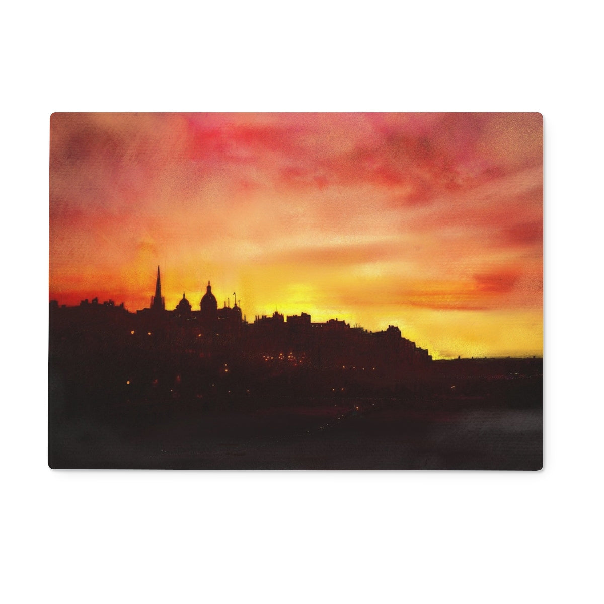 Edinburgh Sunset Glass Chopping Board featuring a vibrant sunset cityscape skyline design