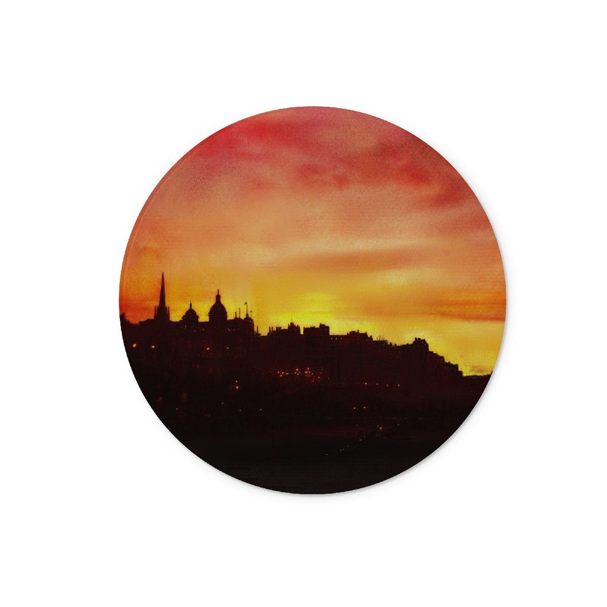 Round coaster with Edinburgh sunset skyline silhouette for Edinburgh Sunset Glass Chopping Board