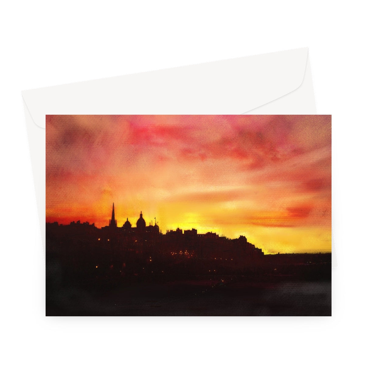 Edinburgh Sunset Greeting Card with vibrant orange-red cityscape silhouette