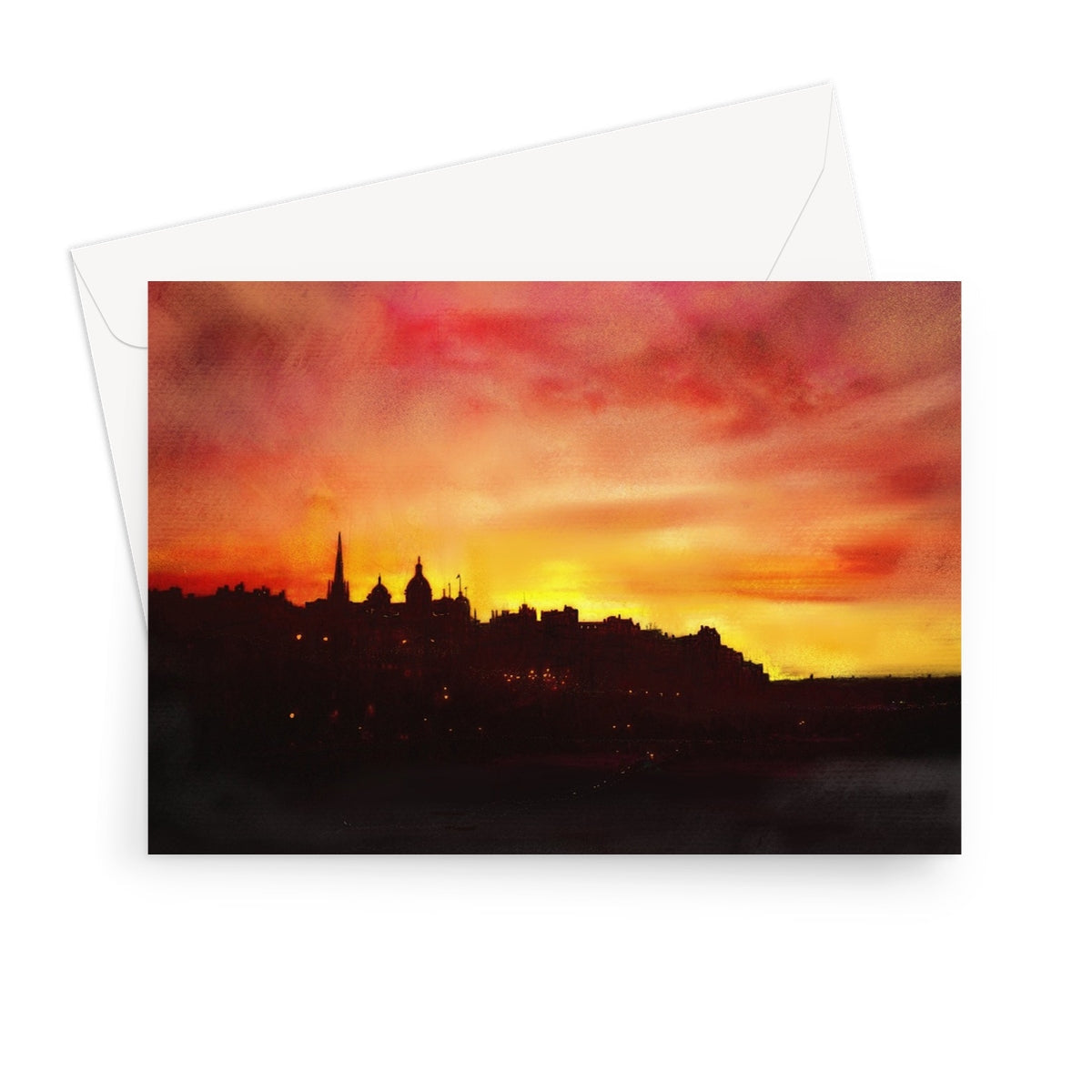 Edinburgh Sunset greeting card with vibrant orange-red cityscape silhouette