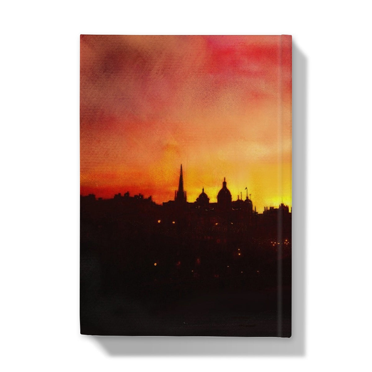 Watercolor painting of Edinburgh skyline at sunset on the Edinburgh Sunset Hardback Journal
