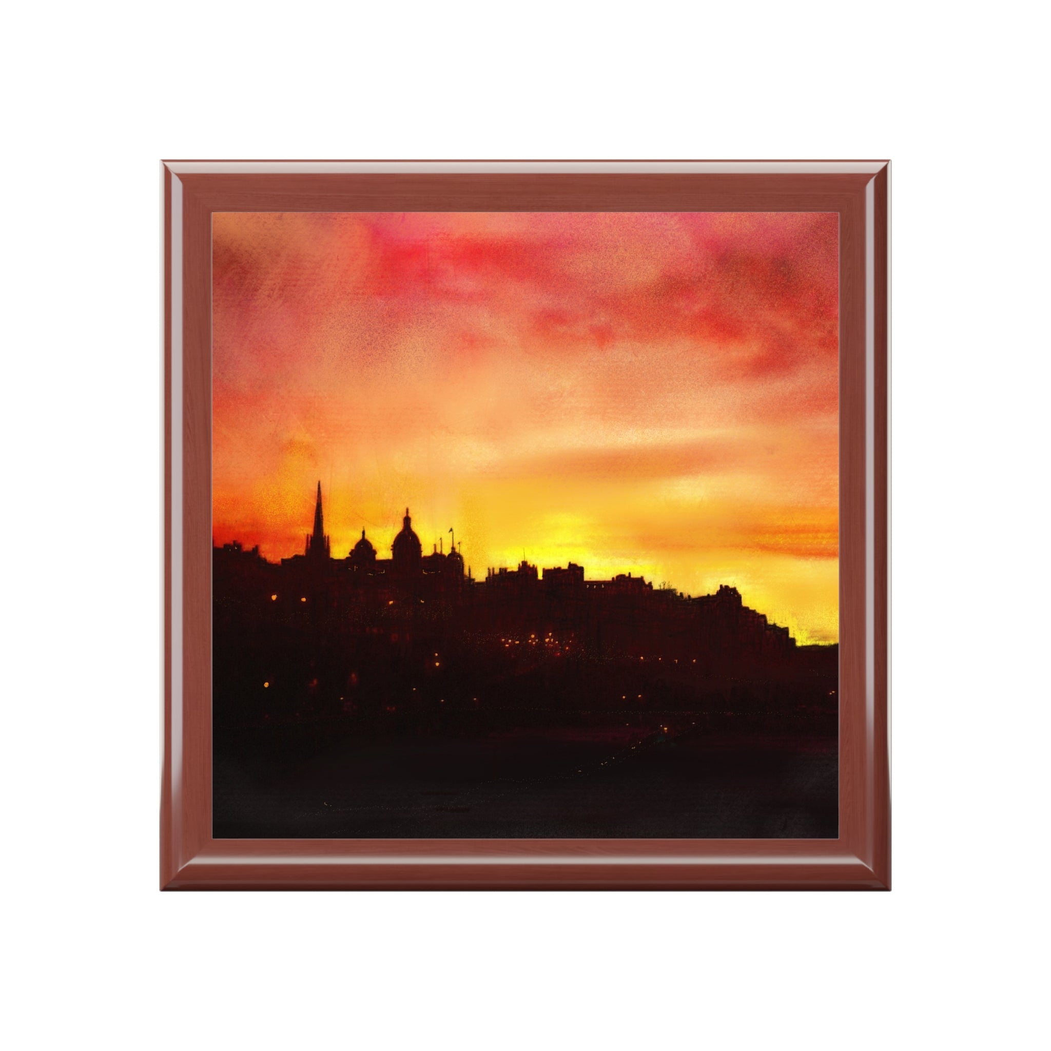 Square-framed Edinburgh Sunset tile with vibrant skyline in jewellery box