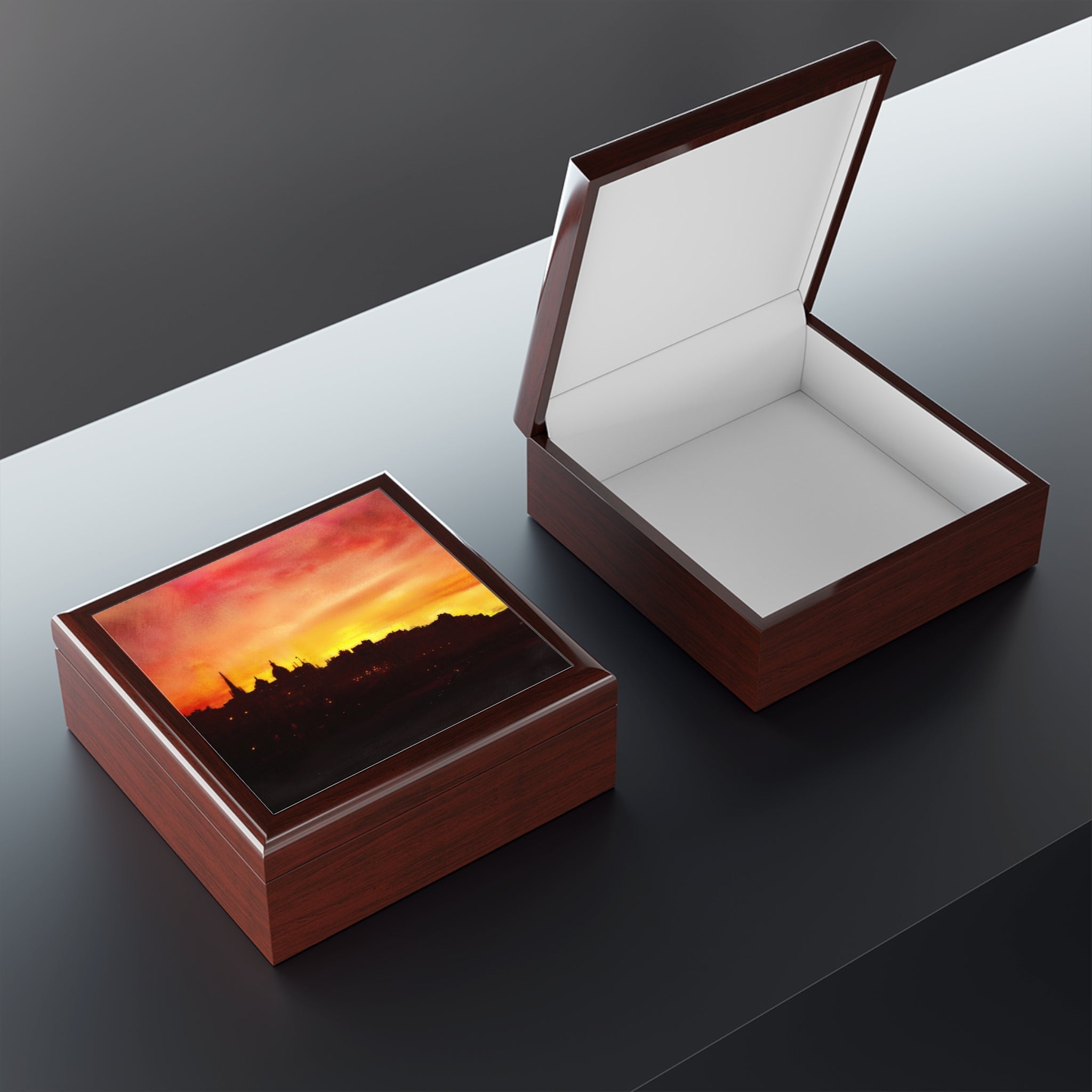Brown wooden Edinburgh Sunset jewelry box with skyline lid