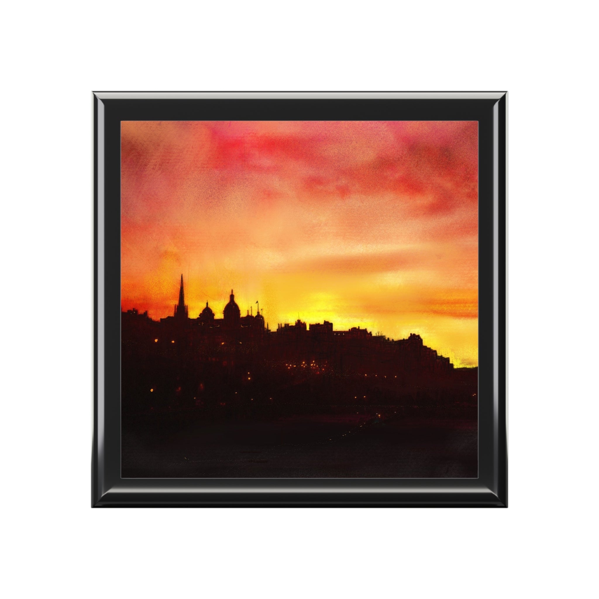 Edinburgh Sunset jewellery box with vibrant city silhouette sunset in black frame