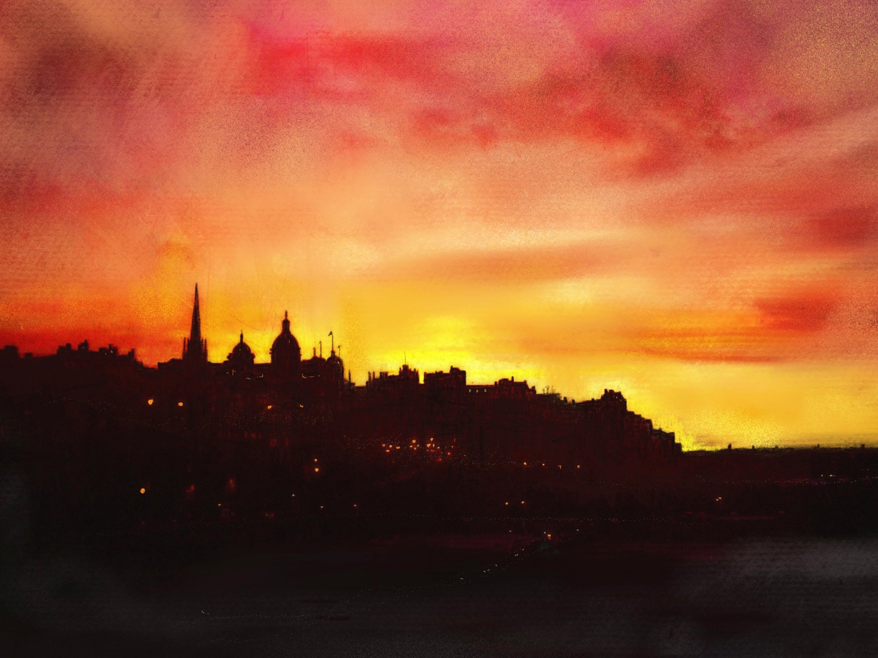 Silhouette of Edinburgh City skyline at sunset in the Edinburgh City Sunset Original Painting