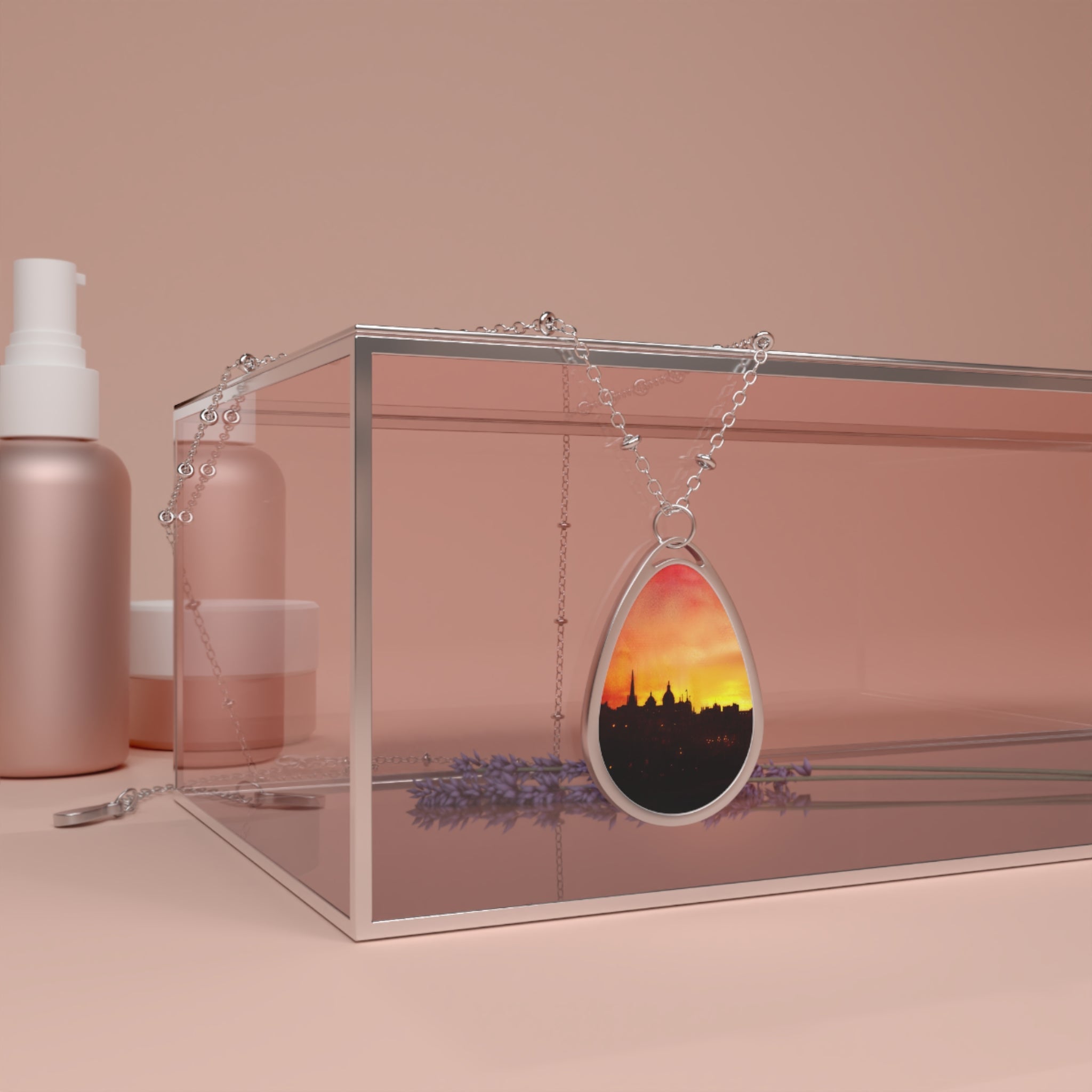 Edinburgh Sunset silver teardrop pendant necklace with vibrant skyline design
