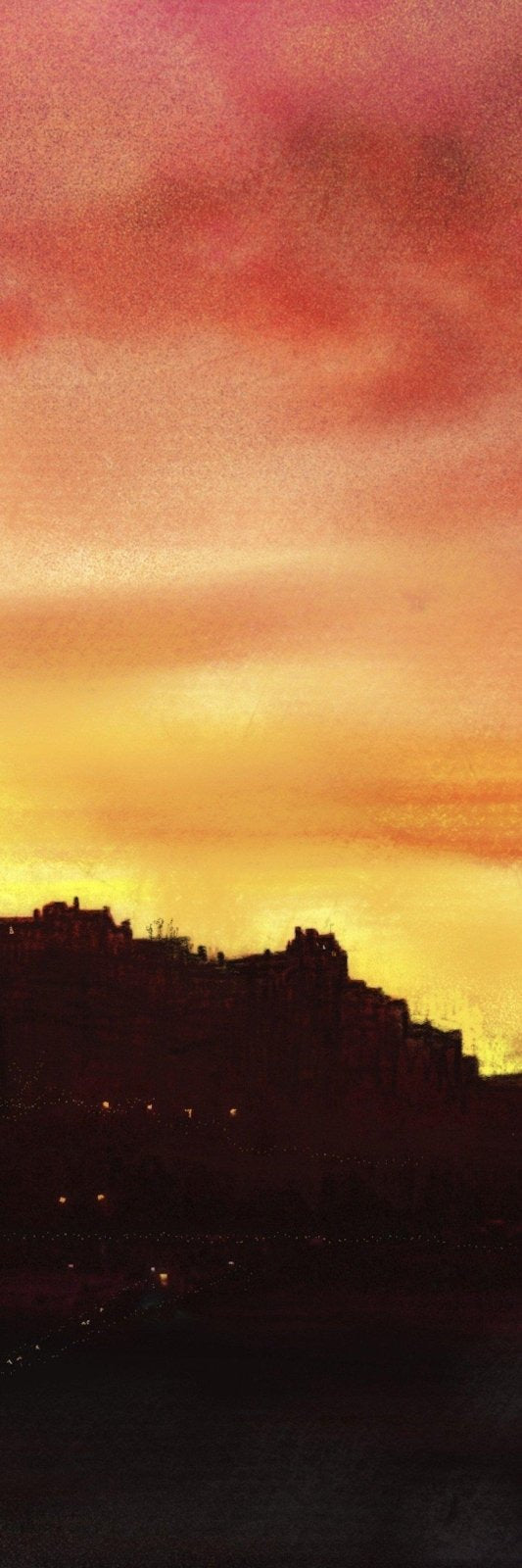 Vibrant sunset over silhouetted Edinburgh cityscape in Edinburgh Sunset Triptych wall art