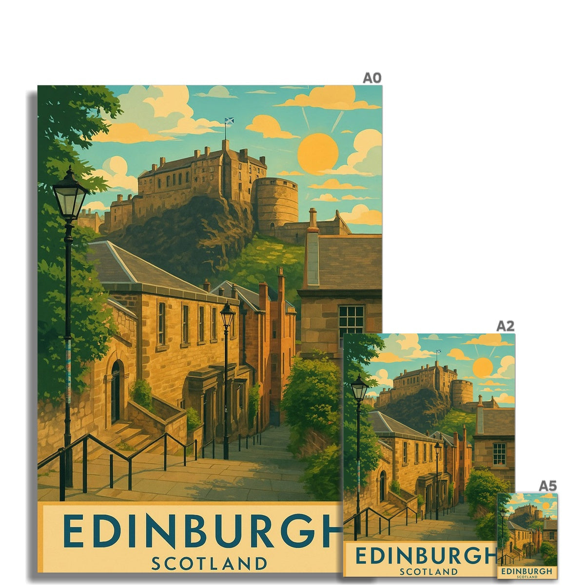 Edinburgh Vennel fine art print of historic castle on hill in vibrant colors