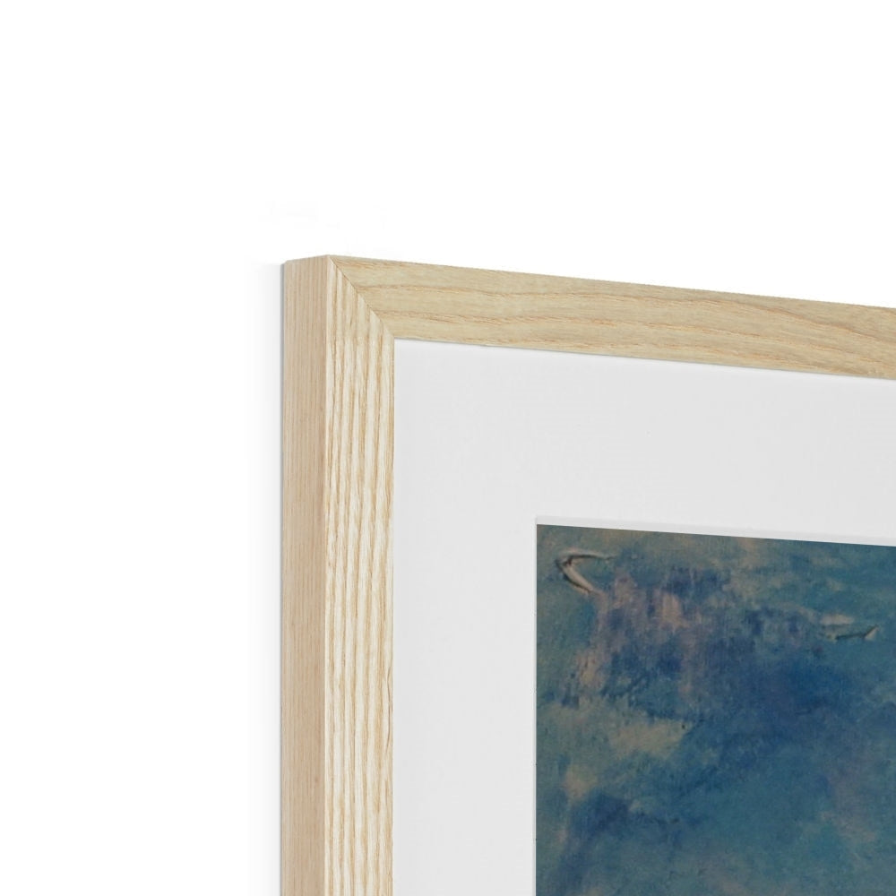 Light oak frame with vertical grain, white mat, blue abstract Eiger art print