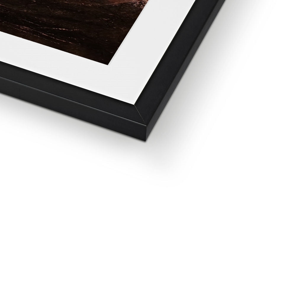 Black framed Eiger art print with white mat and dark textured image
