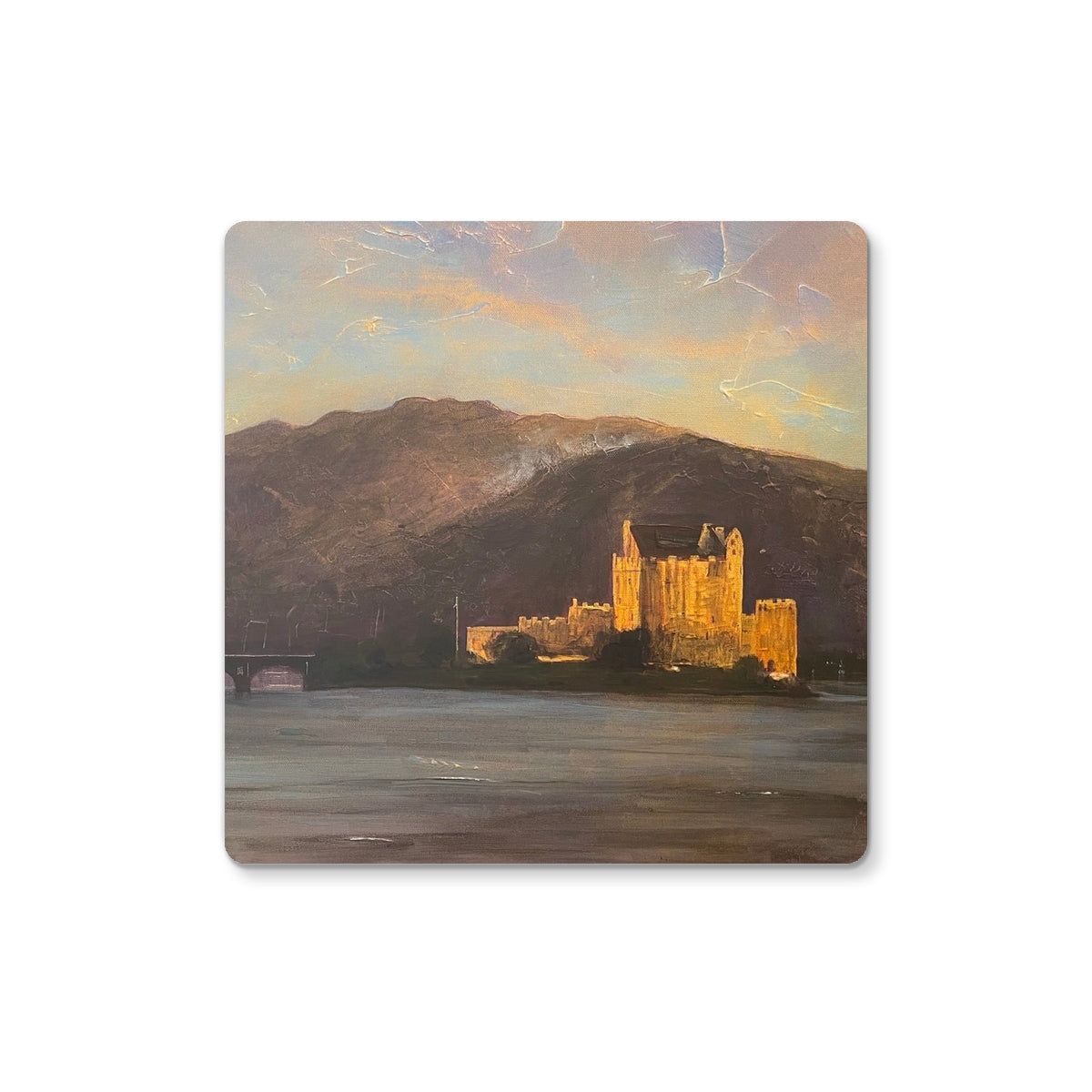 Eilean Donan Castle Art Gifts Coaster-Coasters-Historic & Iconic Scotland Art Gallery-2 Coasters-Paintings, Prints, Homeware, Art Gifts From Scotland By Scottish Artist Kevin Hunter