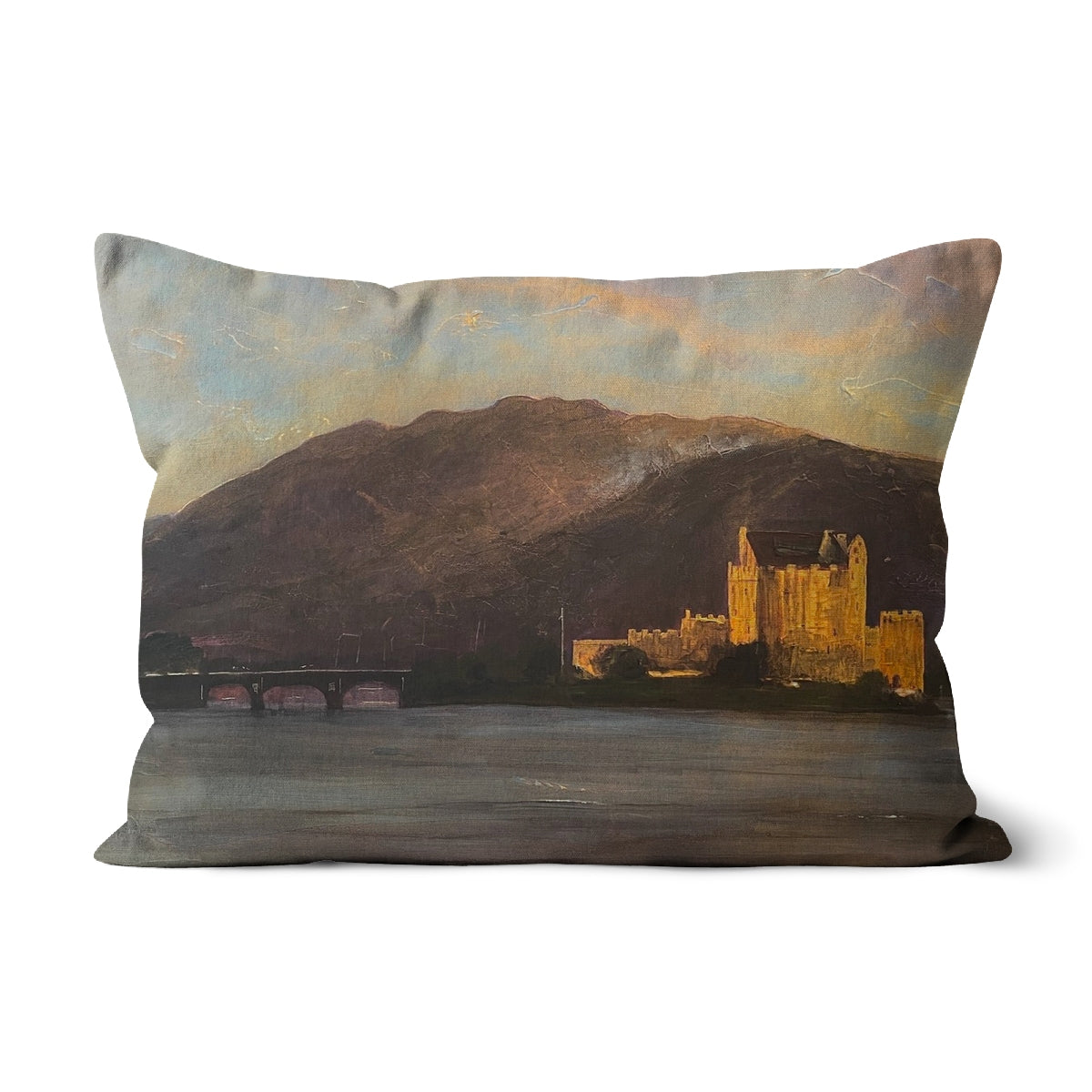 Eilean Donan Castle Art Gifts Cushion-Cushions-Historic & Iconic Scotland Art Gallery-Linen-19"x13"-Paintings, Prints, Homeware, Art Gifts From Scotland By Scottish Artist Kevin Hunter