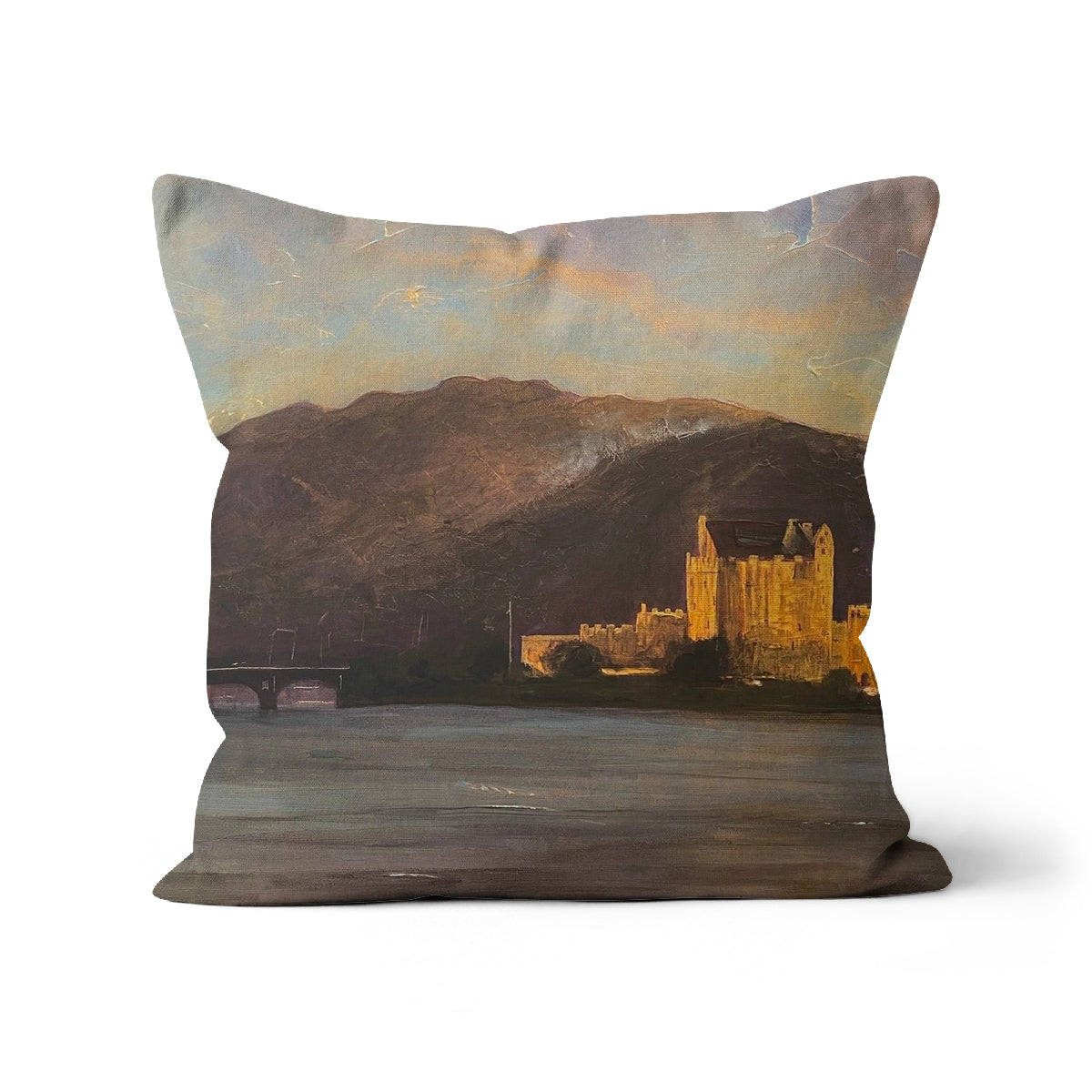 Eilean Donan Castle Art Gifts Cushion-Cushions-Historic & Iconic Scotland Art Gallery-Linen-22"x22"-Paintings, Prints, Homeware, Art Gifts From Scotland By Scottish Artist Kevin Hunter