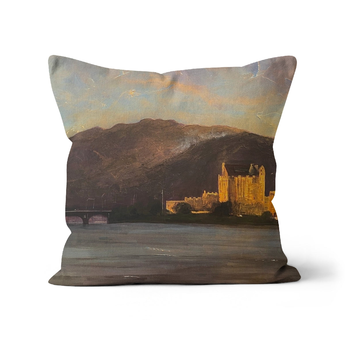 Eilean Donan Castle Art Gifts Cushion-Cushions-Historic & Iconic Scotland Art Gallery-Linen-24"x24"-Paintings, Prints, Homeware, Art Gifts From Scotland By Scottish Artist Kevin Hunter