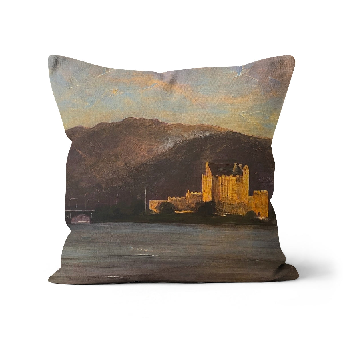 Eilean Donan Castle Art Gifts Cushion-Cushions-Historic & Iconic Scotland Art Gallery-Canvas-12"x12"-Paintings, Prints, Homeware, Art Gifts From Scotland By Scottish Artist Kevin Hunter