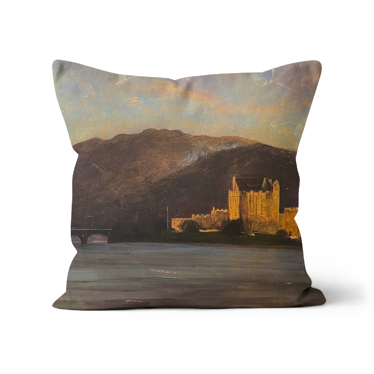 Eilean Donan Castle Art Gifts Cushion-Cushions-Historic & Iconic Scotland Art Gallery-Linen-16"x16"-Paintings, Prints, Homeware, Art Gifts From Scotland By Scottish Artist Kevin Hunter