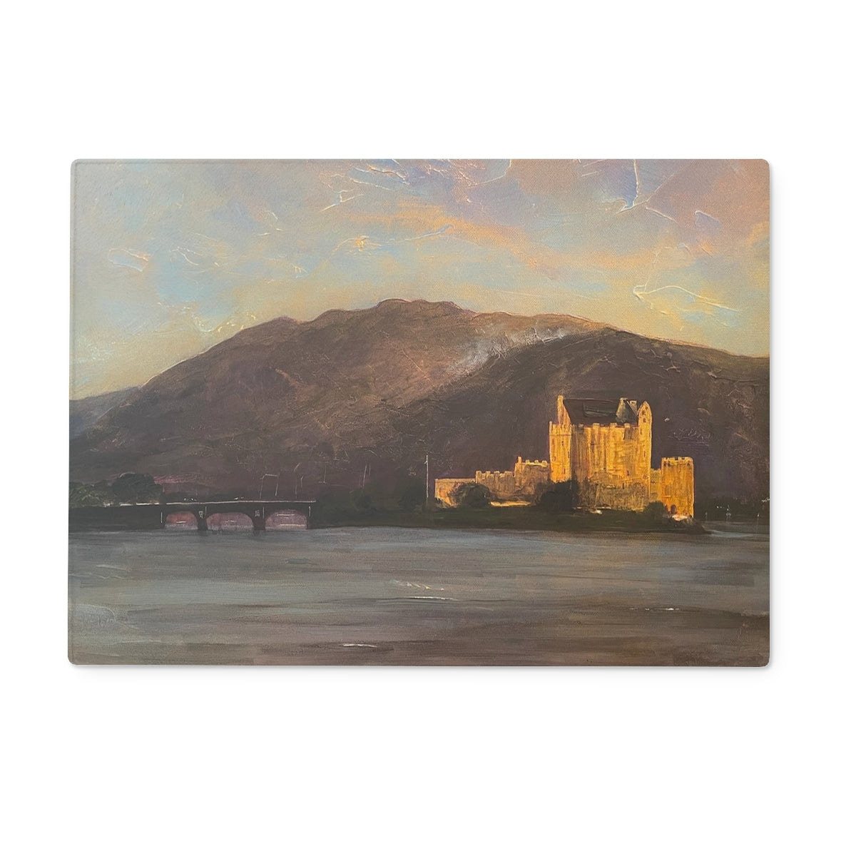 Eilean Donan Castle Art Gifts Glass Chopping Board-Glass Chopping Boards-Historic & Iconic Scotland Art Gallery-15"x11" Rectangular-Paintings, Prints, Homeware, Art Gifts From Scotland By Scottish Artist Kevin Hunter