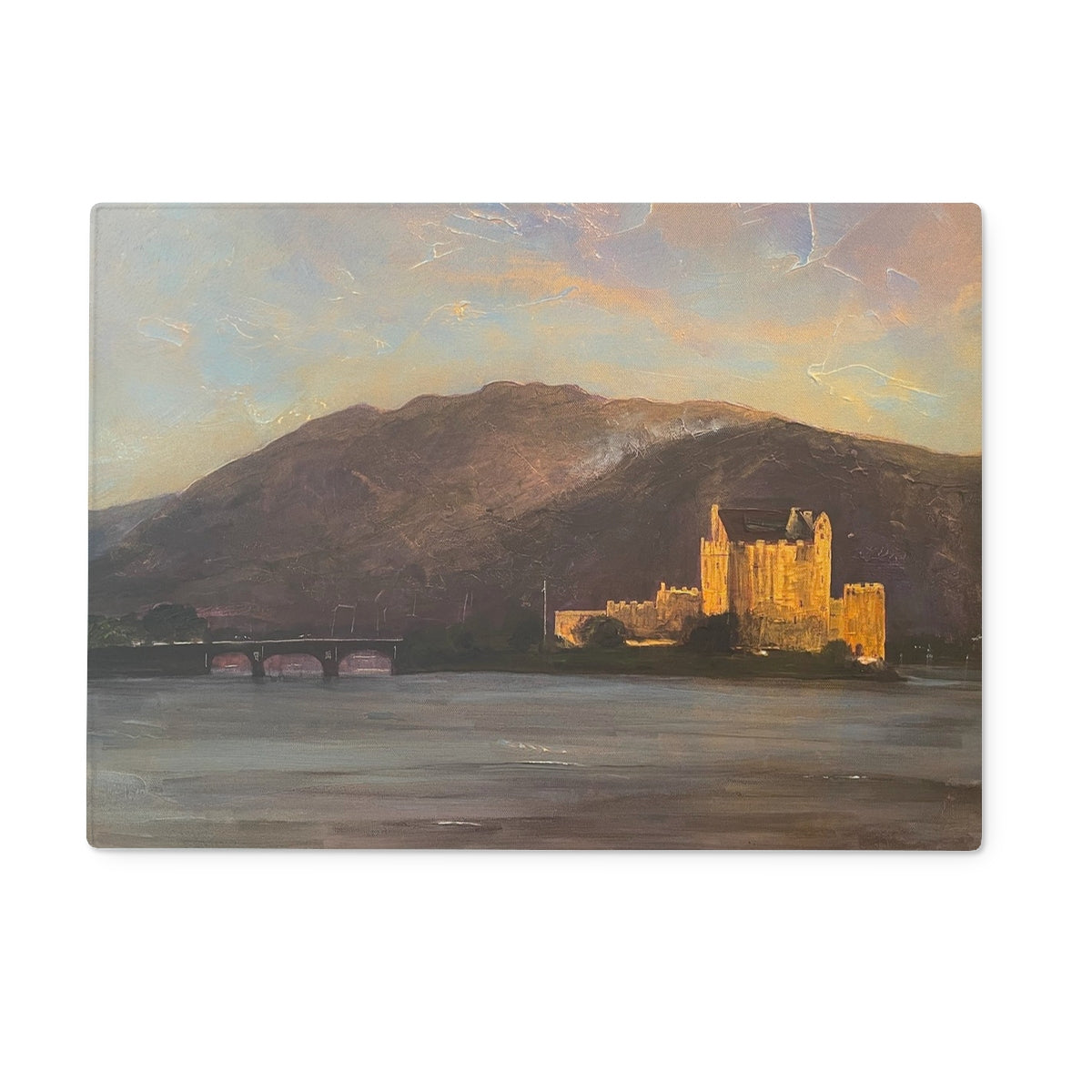 Eilean Donan Castle Art Gifts Glass Chopping Board | Historic &amp; Iconic Scotland Art Gallery | Paintings, Prints, Homeware and Art Gifts From Scotland By Scottish Artist Kevin Hunter