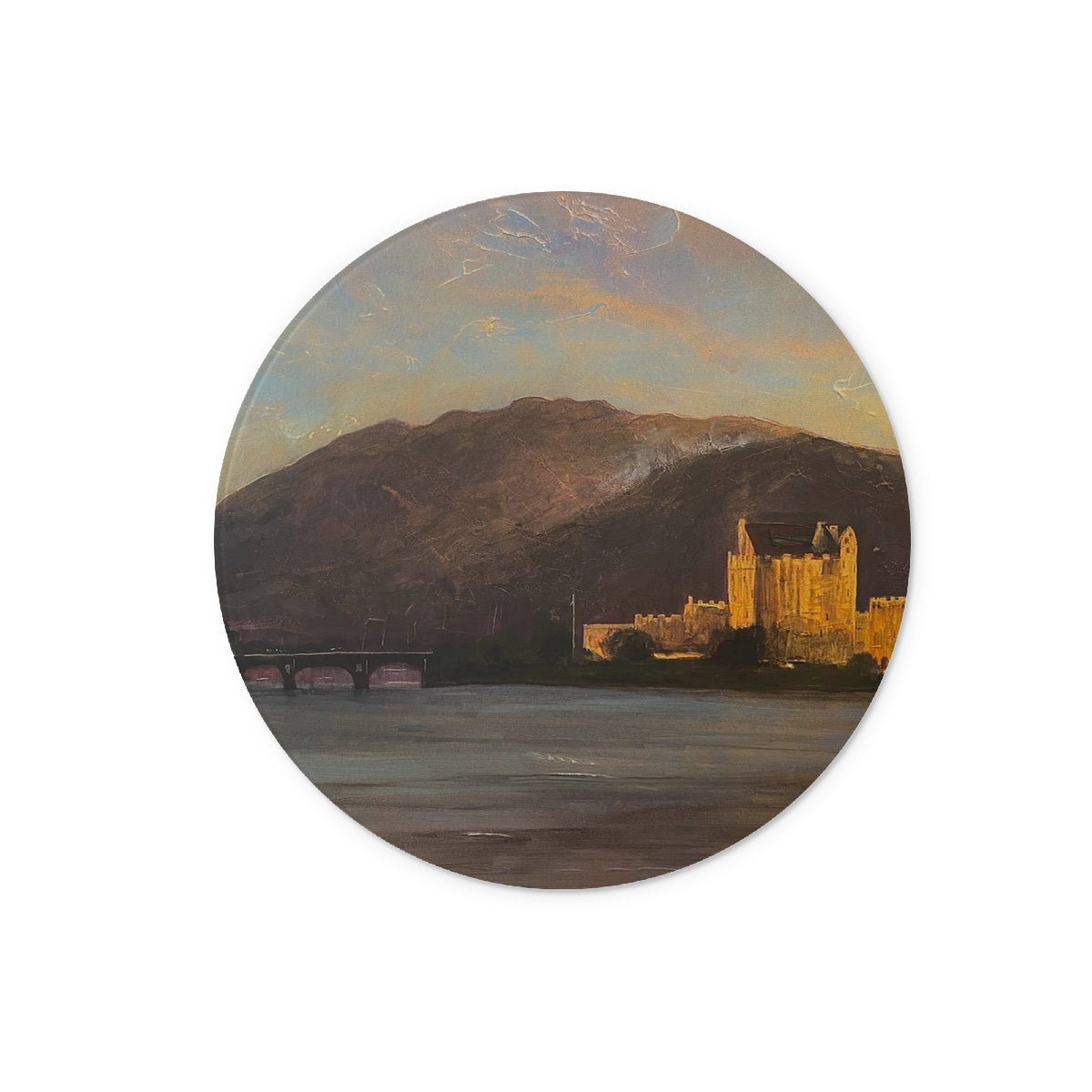 Eilean Donan Castle Art Gifts Glass Chopping Board-Glass Chopping Boards-Historic & Iconic Scotland Art Gallery-12" Round-Paintings, Prints, Homeware, Art Gifts From Scotland By Scottish Artist Kevin Hunter