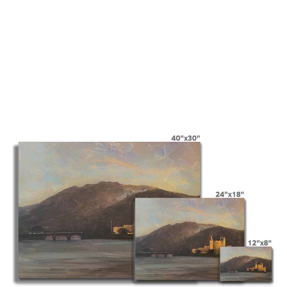 A set of three landscape paintings depicting a castle, mountains, and water, in varying rectangular sizes.