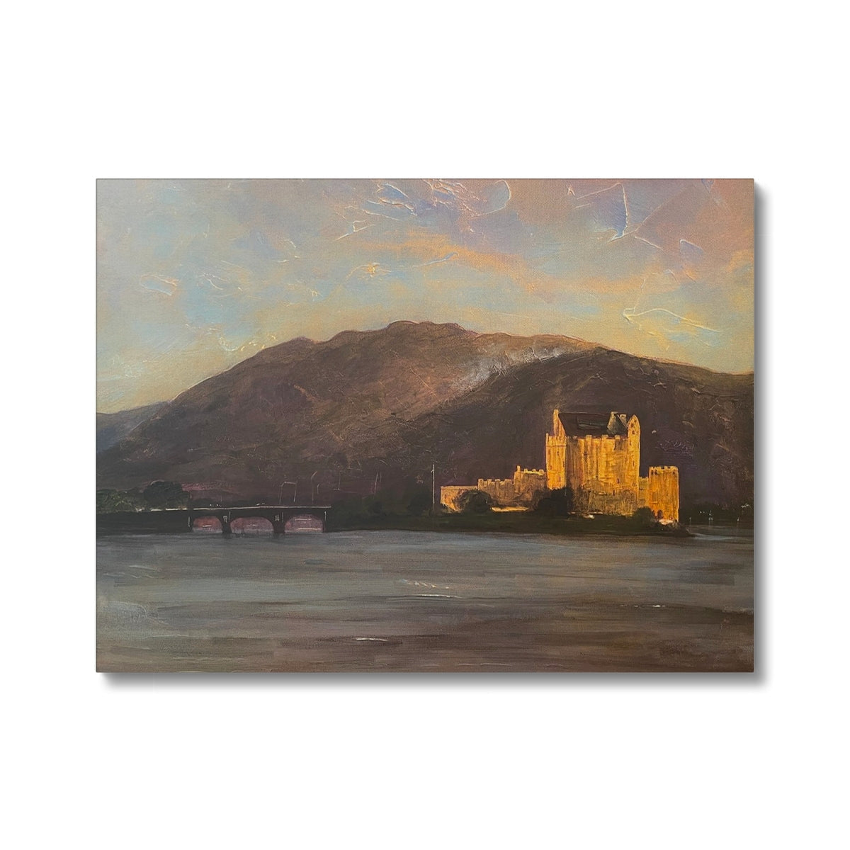 Painting of a castle on a lake at sunset.