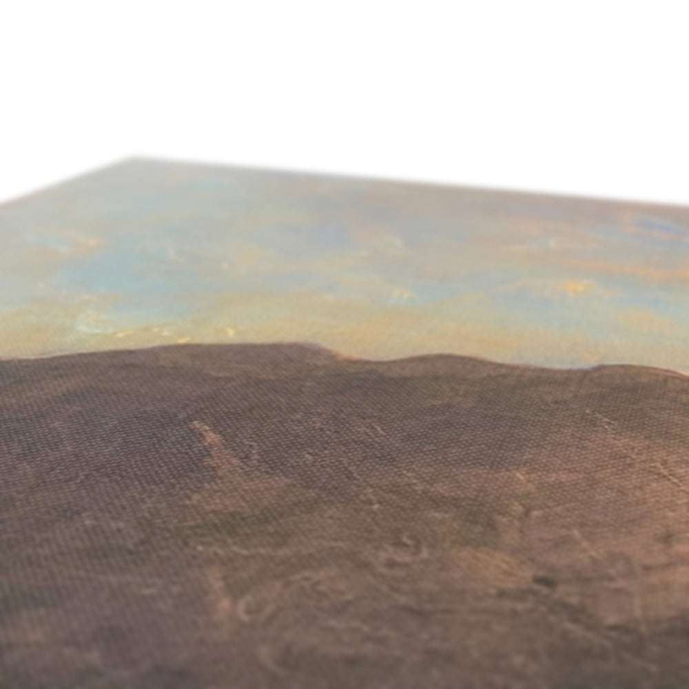 A textured landscape painting with a muted sky.