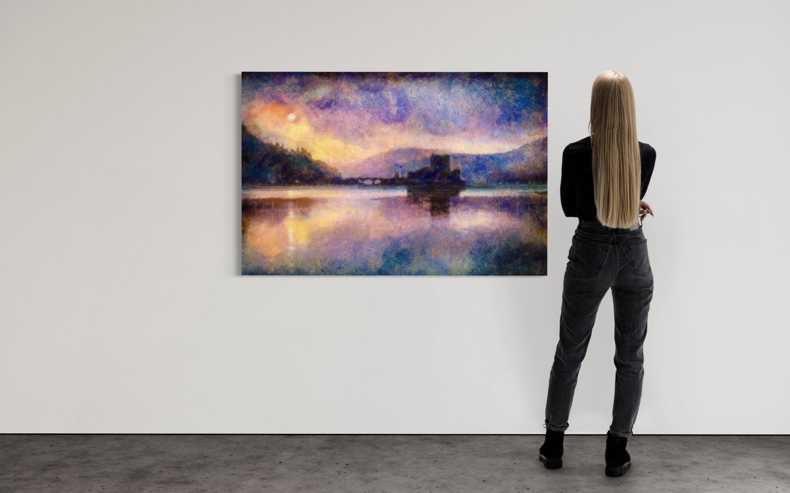 Eilean Donan Castle Moonlight 60x40 inch Stretched Canvas Statement Wall Art-Statement Wall Art-Scottish Castles Art Gallery-Paintings, Prints, Homeware, Art Gifts From Scotland By Scottish Artist Kevin Hunter